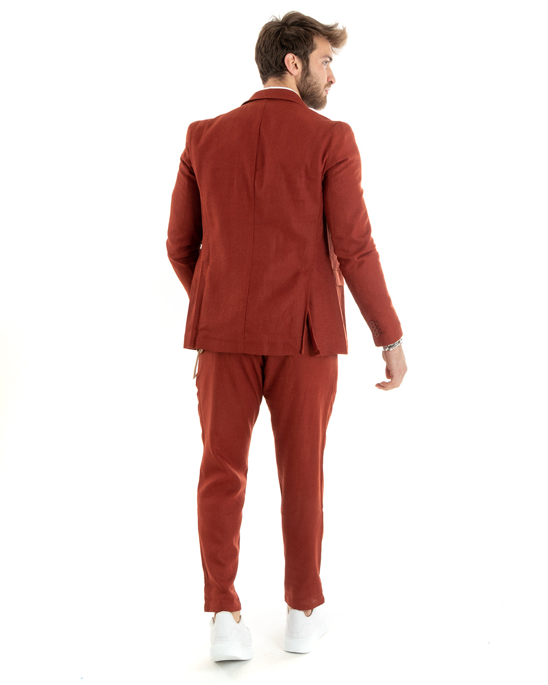 Double-breasted men's suit, tailored linen suit, jacket, trousers, solid color, brick GIOSAL-OU2335A