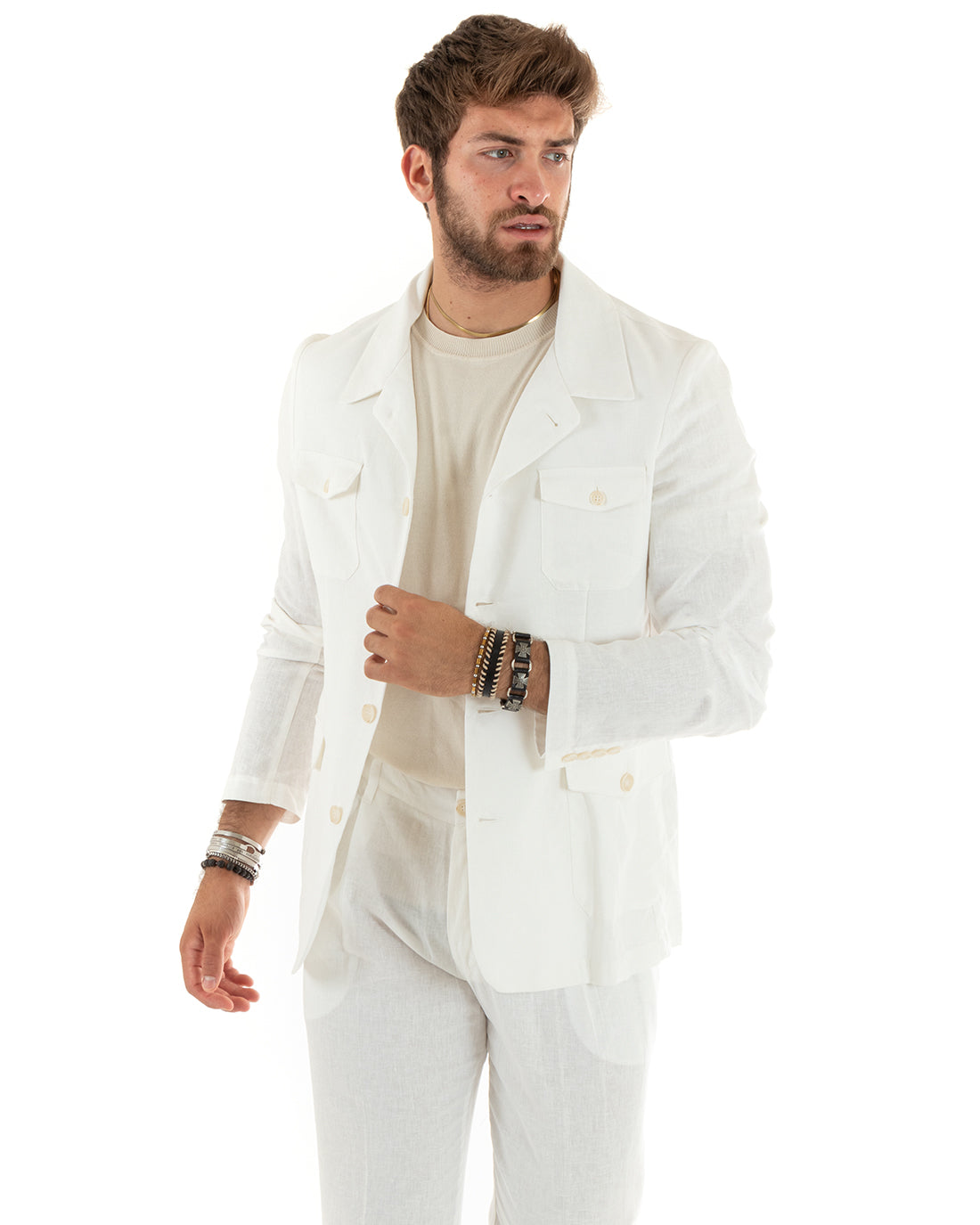 Men's Suit Linen Suit Saharan Jacket Solid Color Casual White Trousers GIOSAL-OU2338A