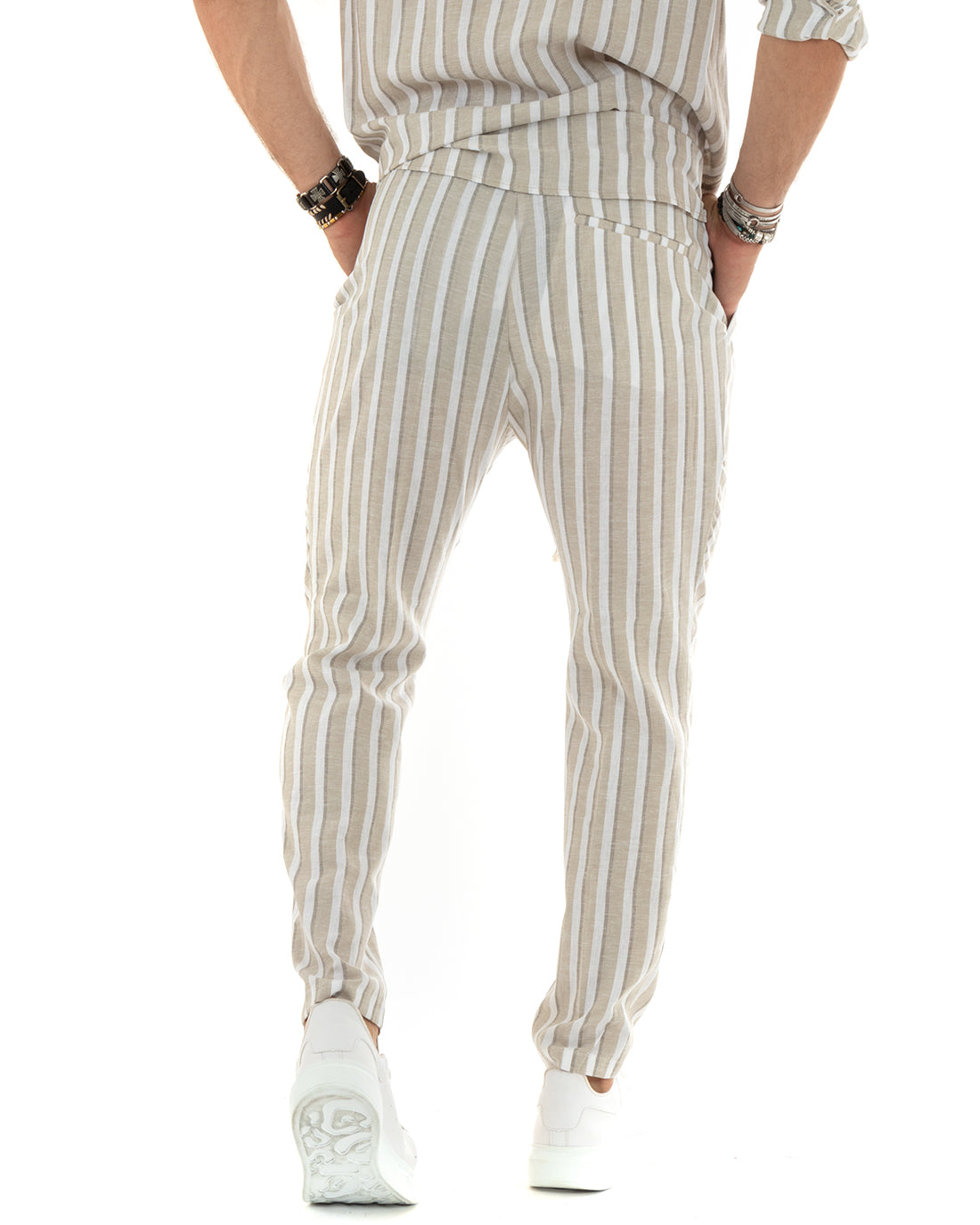 Complete Coordinated Set for Men Striped Linen Elastic Trousers Shirt Long Sleeve Mandarin Collar Beige GIOSAL-OU2340A