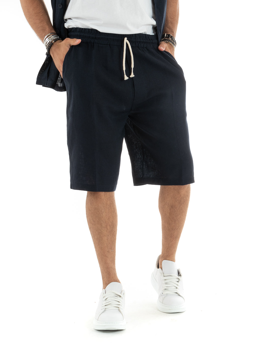 Completo Set Coordinato Uomo Lino Camicia Con Colletto Bermuda Outfit Blu GIOSAL-OU2347A
