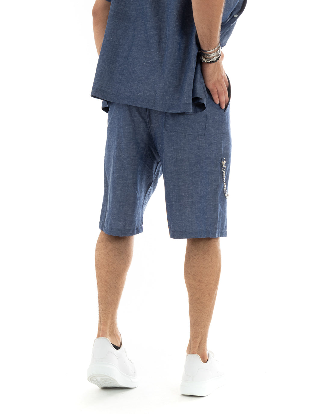 Completo Set Coordinato Uomo Viscosa Camicia Con Colletto Bermuda Outfit Denim Blu GIOSAL-OU2356A