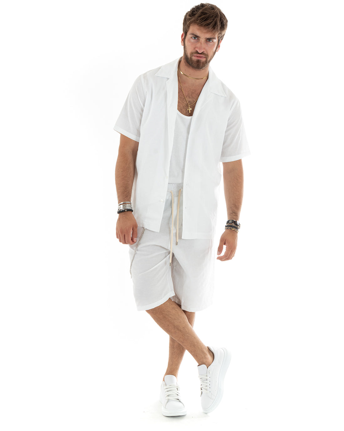Completo Set Coordinato Uomo Viscosa Camicia Con Colletto Bermuda Outfit Bianco GIOSAL-OU2358A