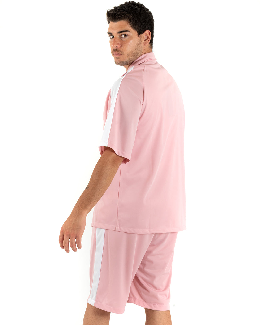 Complete Coordinated Set for Men Viscose Shirt with Bermuda Collar Outfit Pink GIOSAL-OU2363A