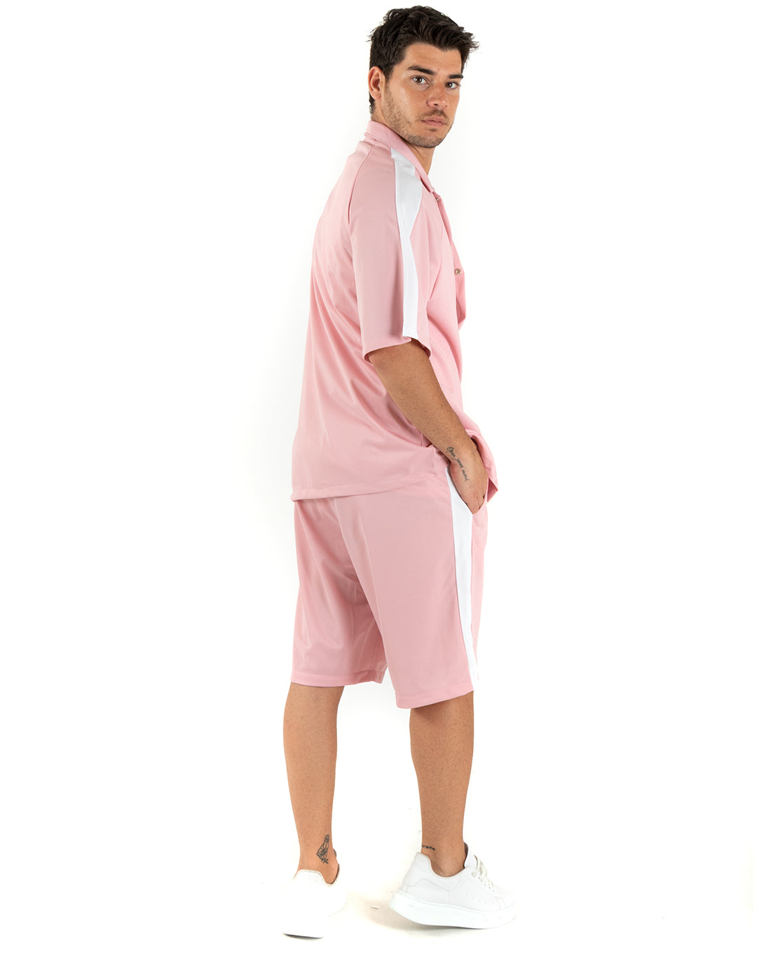 Completo Set Coordinato Uomo Viscosa Camicia Con Colletto Bermuda Outfit Rosa GIOSAL-OU2363A