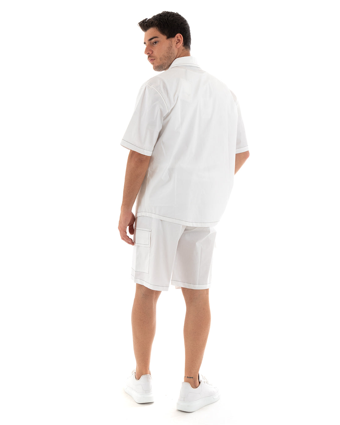 Completo Set Coordinato Uomo Cotone Camicia Con Colletto Bermuda Cargo Outfit Bianco GIOSAL-OU2368A