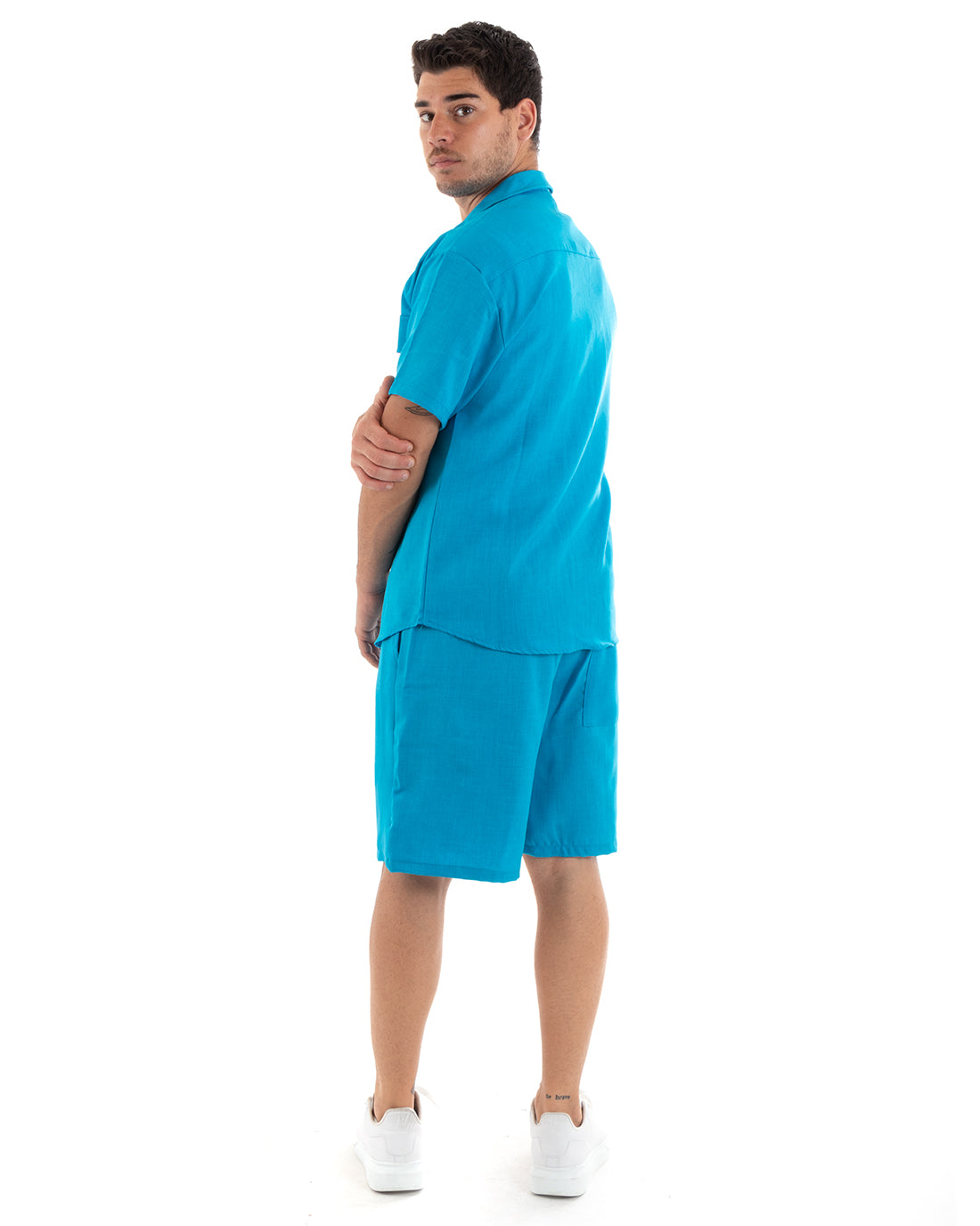 Complete Coordinated Set for Men Viscose Shirt with Bermuda Collar Outfit Turquoise GIOSAL-OU2371A