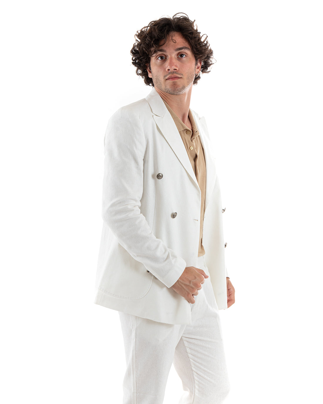 Abito Uomo Doppiopetto Vestito Lino Completo Giacca Pantaloni Bianco Elegante Cerimonia GIOSAL-OU2382A