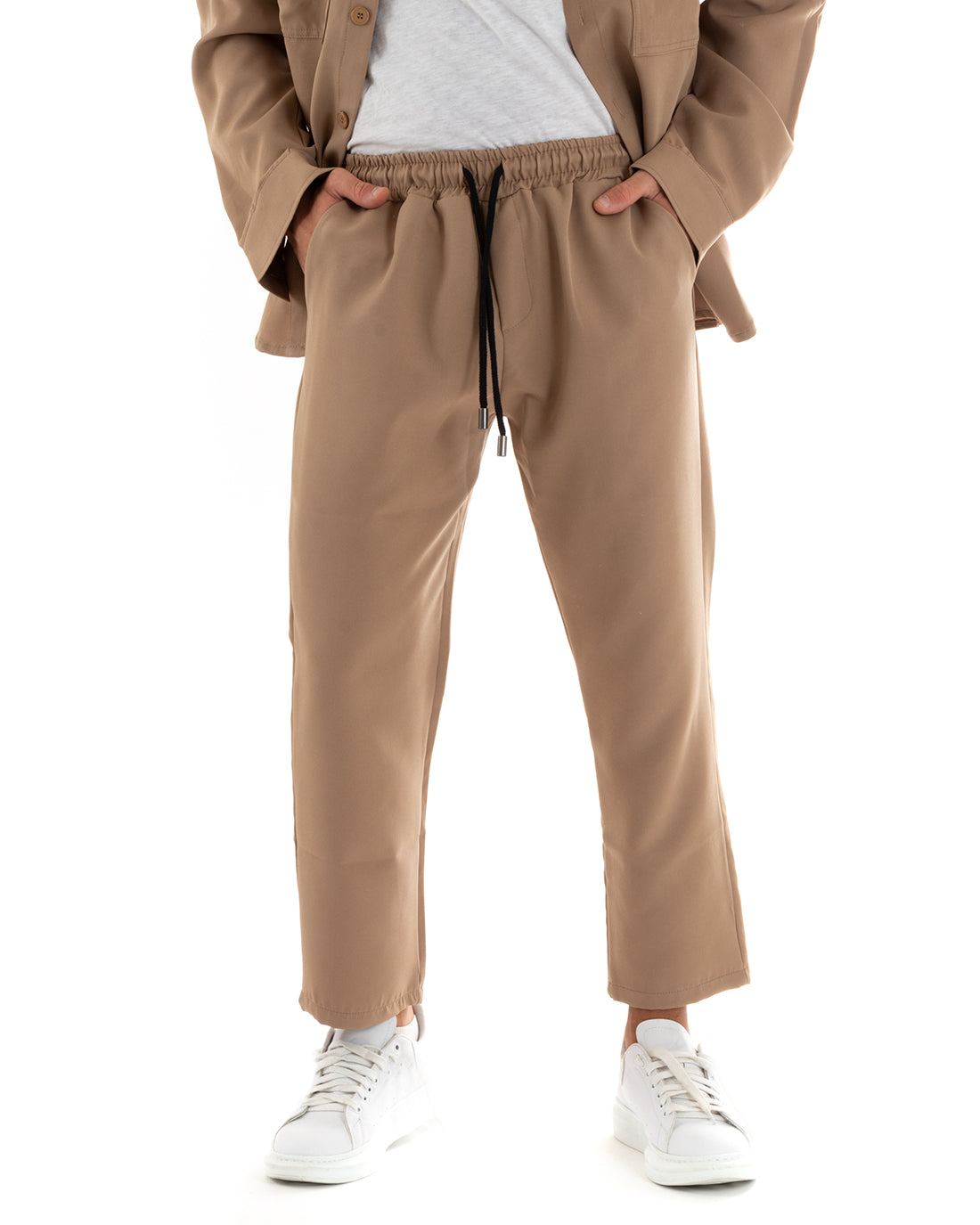 Completo Set Coordinato Uomo Viscosa Camicia Con Colletto Pantaloni Outfit Camel GIOSAL-OU2386A