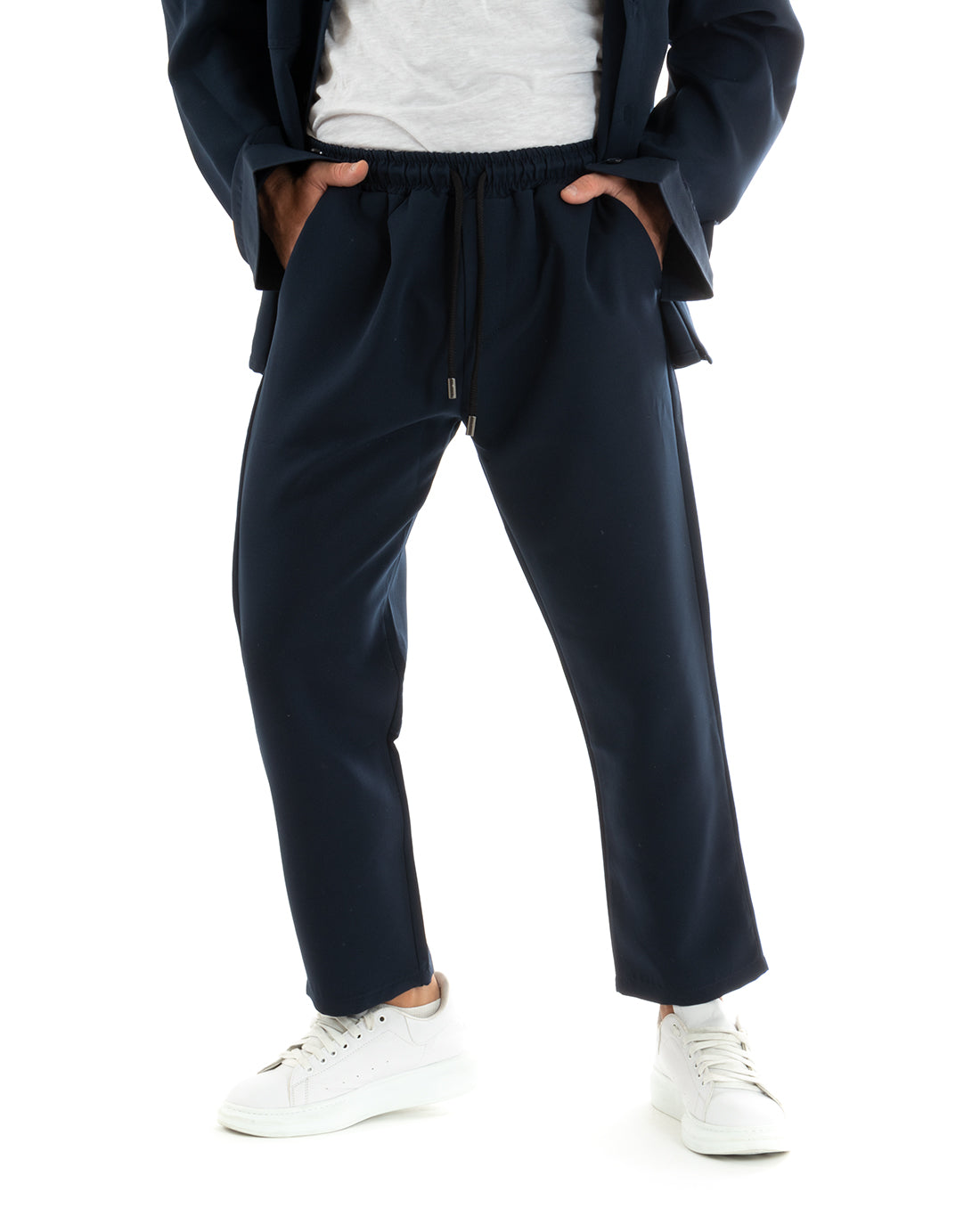 Completo Set Coordinato Uomo Viscosa Camicia Con Colletto Pantaloni Outfit Blu GIOSAL-OU2388A