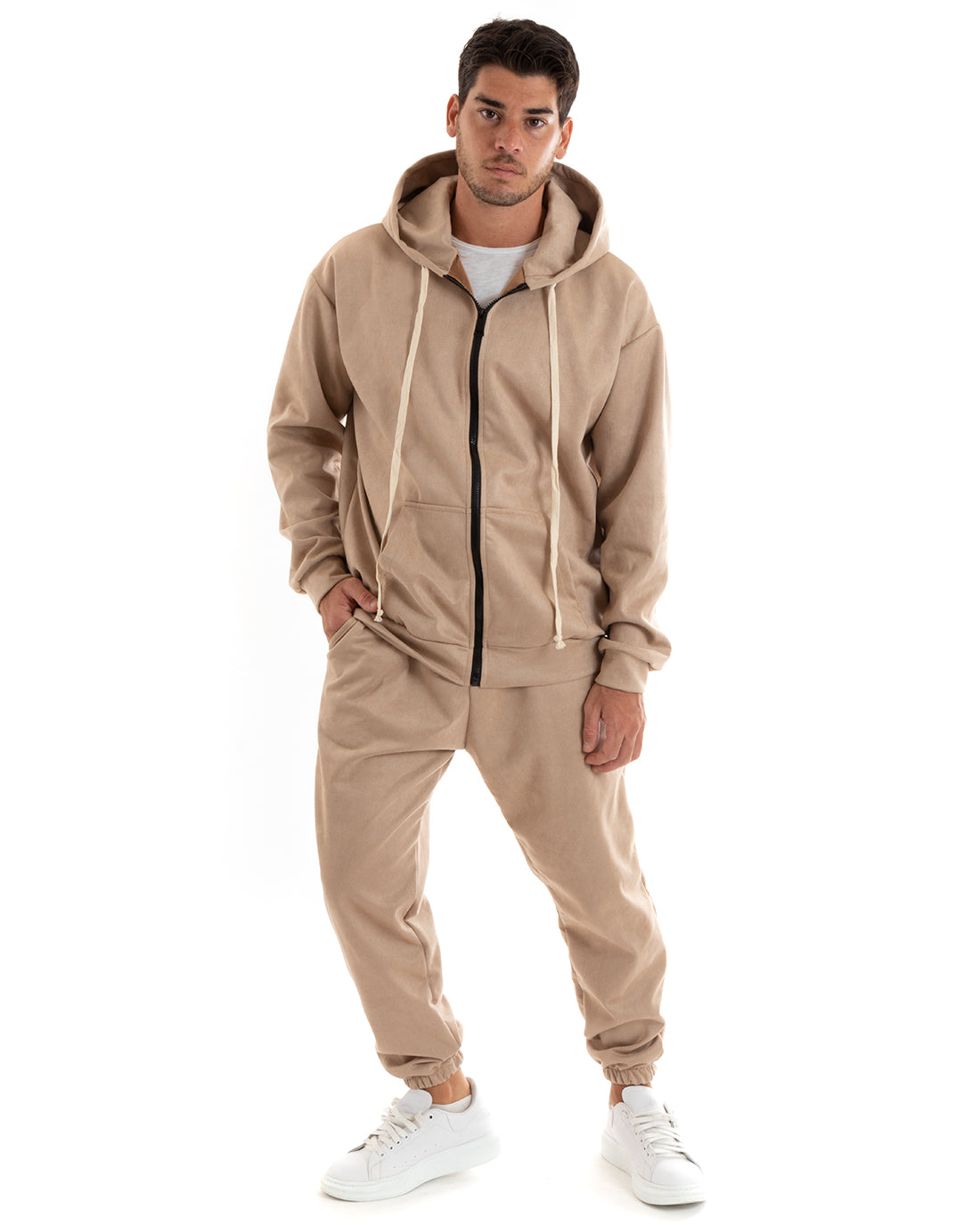 Men's Tracksuit Set, Hooded Sweatshirt and Zip Trousers with Drawstring Waist in Beige Eco Suede GIOSAL-OU2395A
