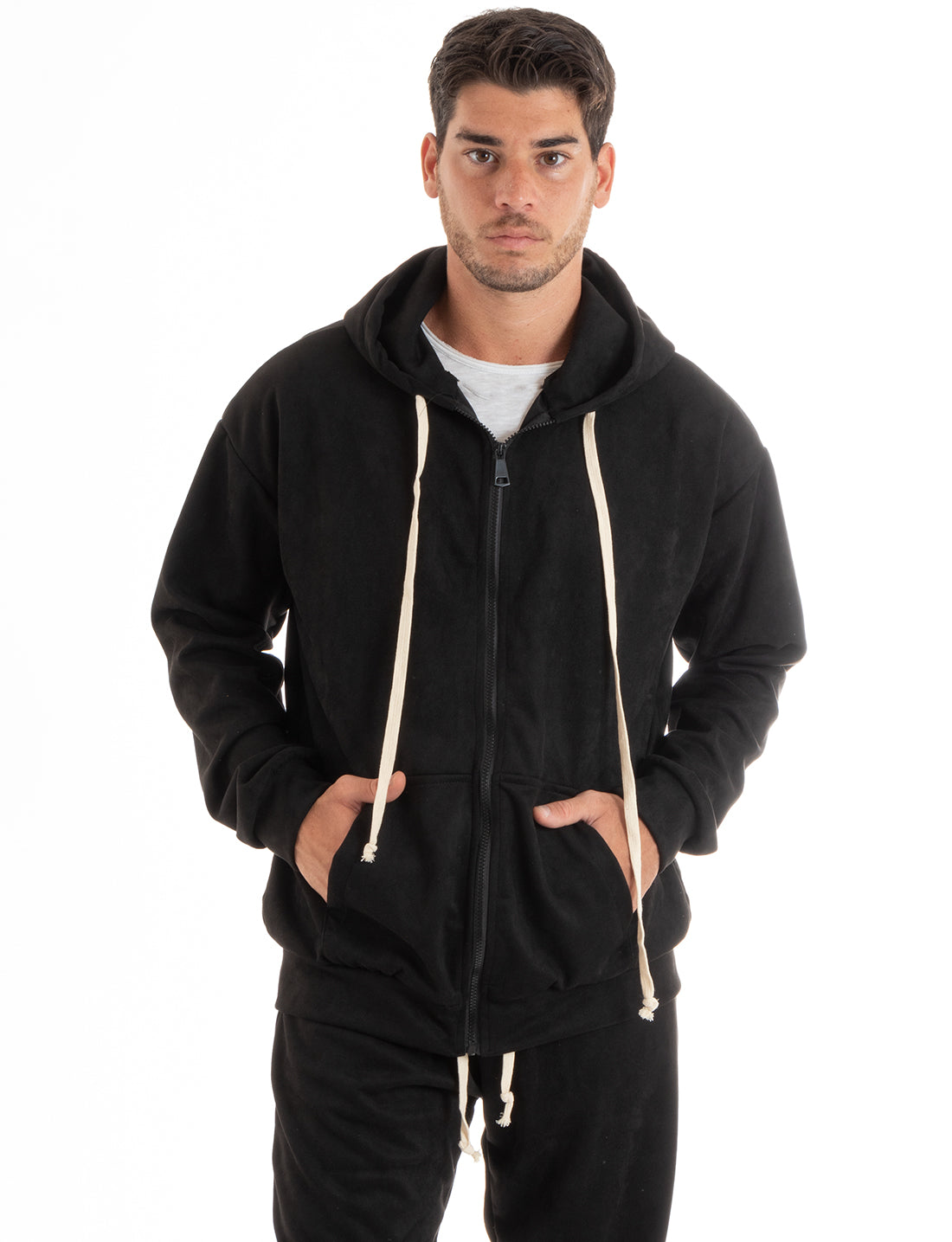 Men's Tracksuit Set with Hood and Zip Trousers with Drawstring Waist in Black Eco Suede GIOSAL-OU2396A