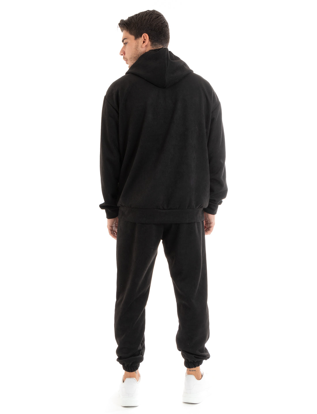 Men's Tracksuit Set with Hood and Zip Trousers with Drawstring Waist in Black Eco Suede GIOSAL-OU2396A