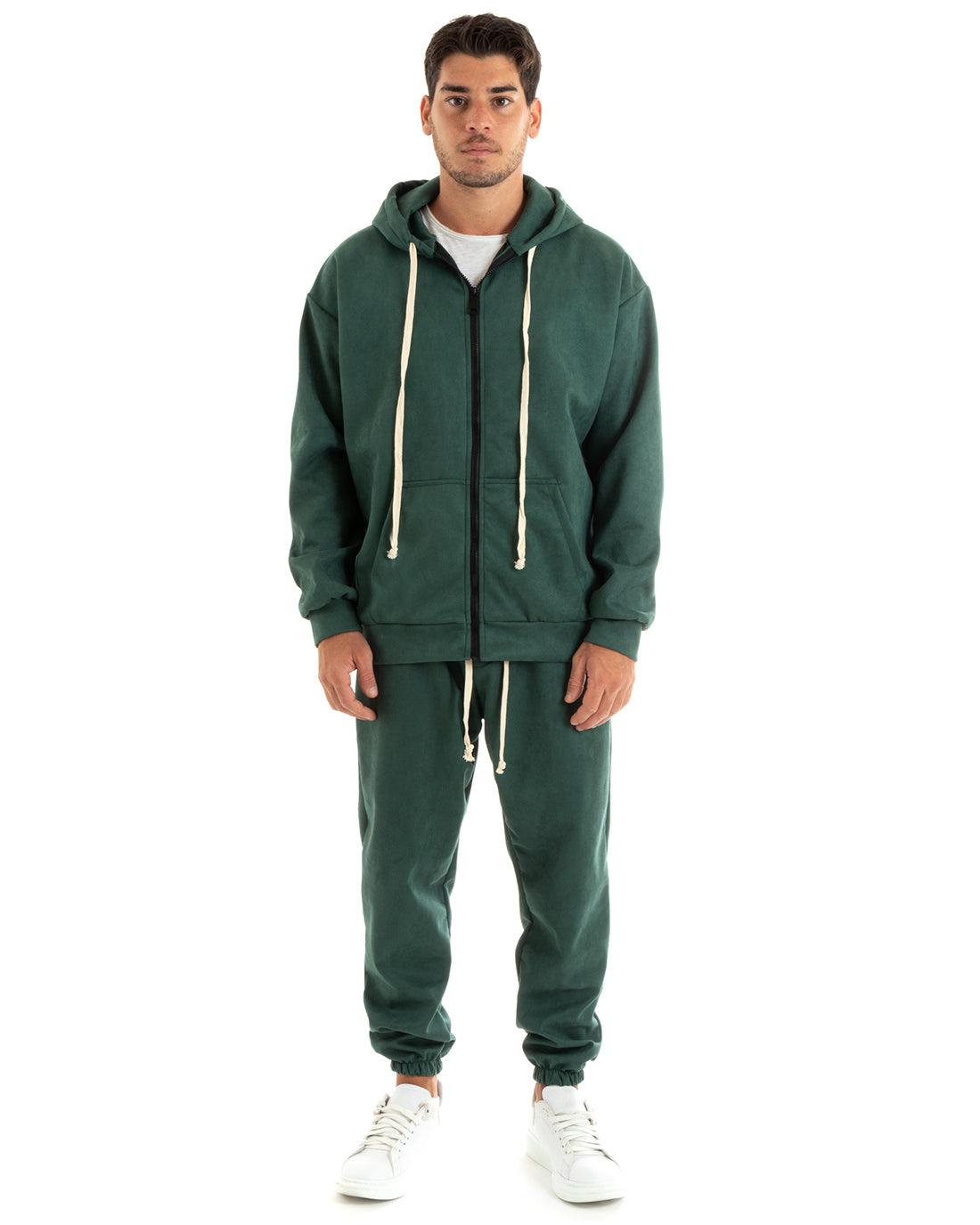 Men's Tracksuit Set with Hood and Zip Trousers with Drawstring Waist in Green Eco Suede GIOSAL-OU2397A