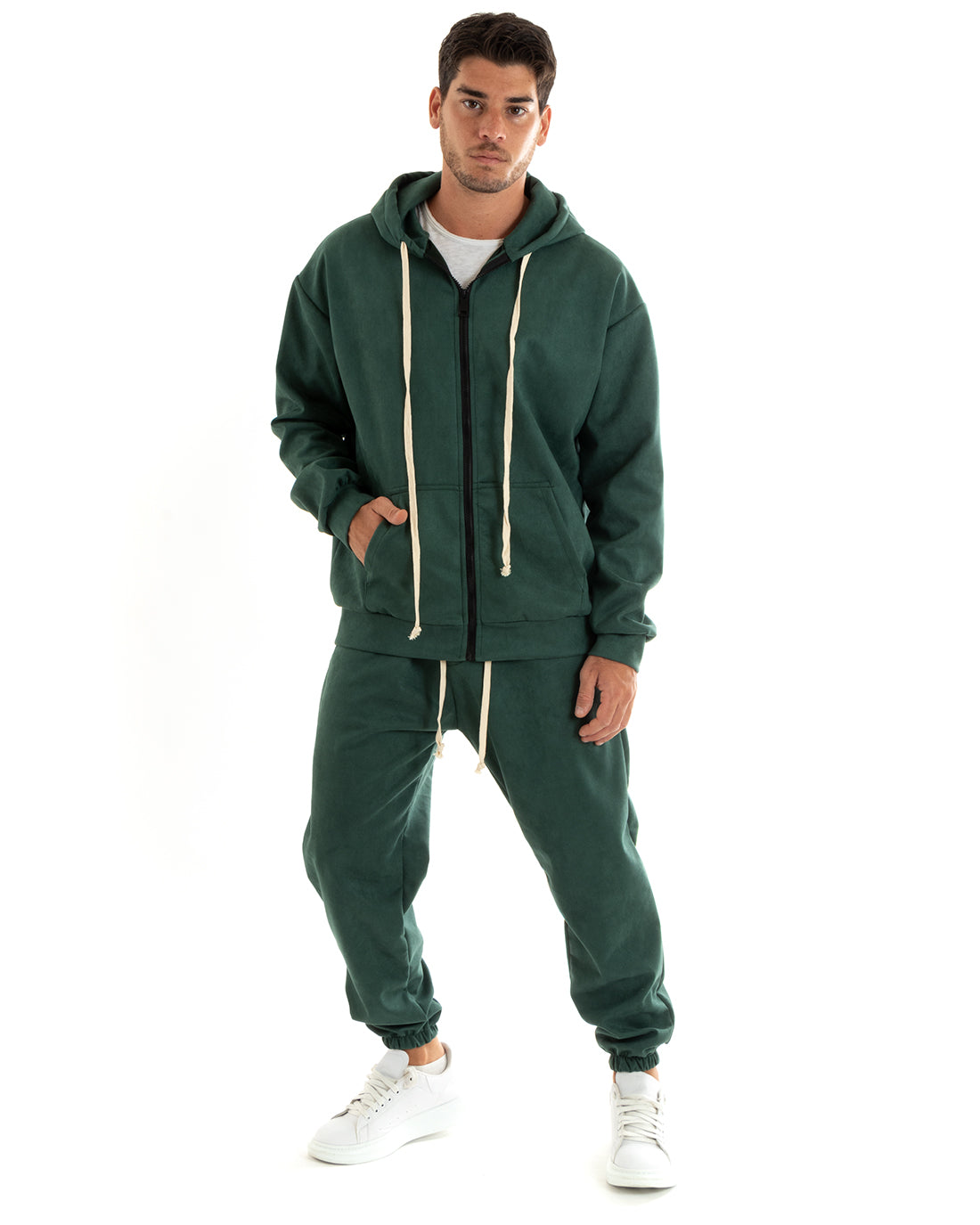 Men's Tracksuit Set with Hood and Zip Trousers with Drawstring Waist in Green Eco Suede GIOSAL-OU2397A