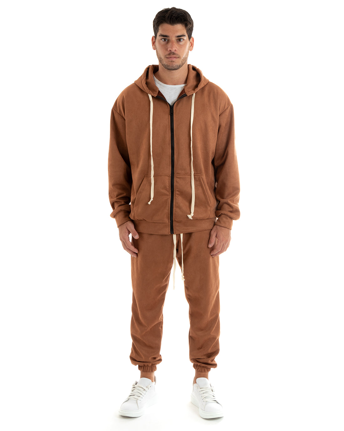 Men's Tracksuit Set with Hood and Zip Trousers with Drawstring Waist in Tobacco Eco Suede GIOSAL-OU2398A
