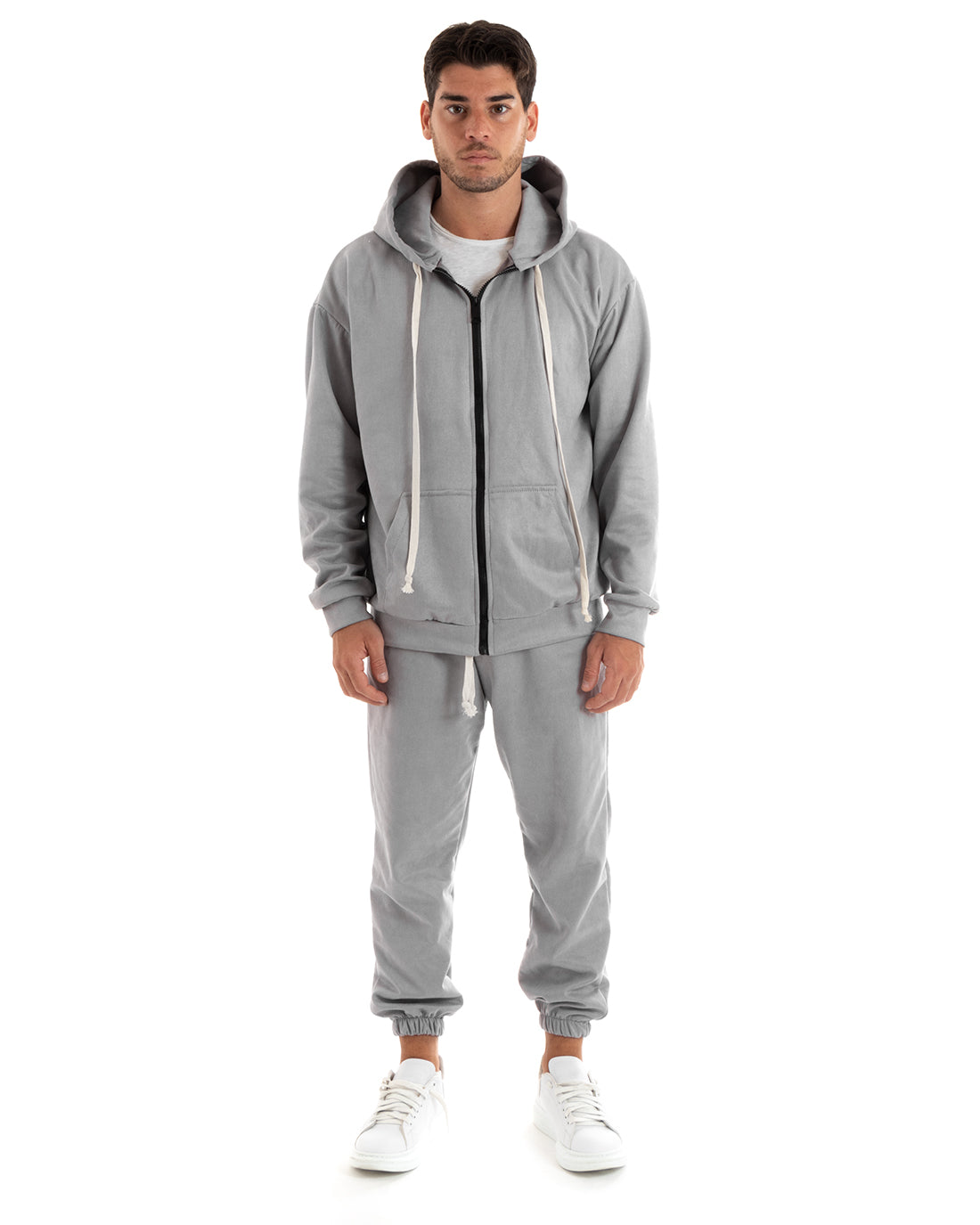 Men's Tracksuit Set, Hooded Sweatshirt and Zip Trousers with Drawstring Waist in Light Gray Eco Suede GIOSAL-OU2399A