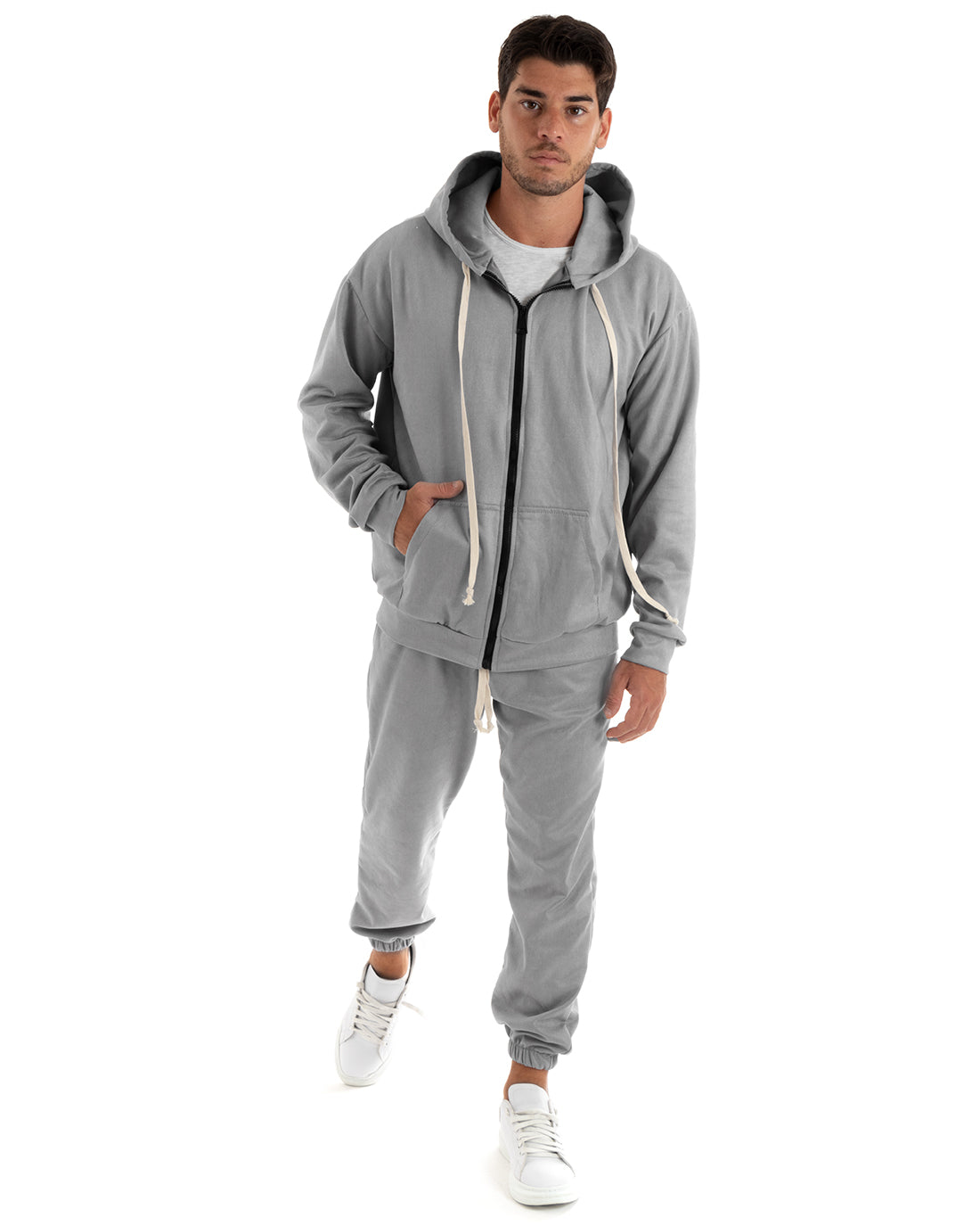 Men's Tracksuit Set, Hooded Sweatshirt and Zip Trousers with Drawstring Waist in Light Gray Eco Suede GIOSAL-OU2399A