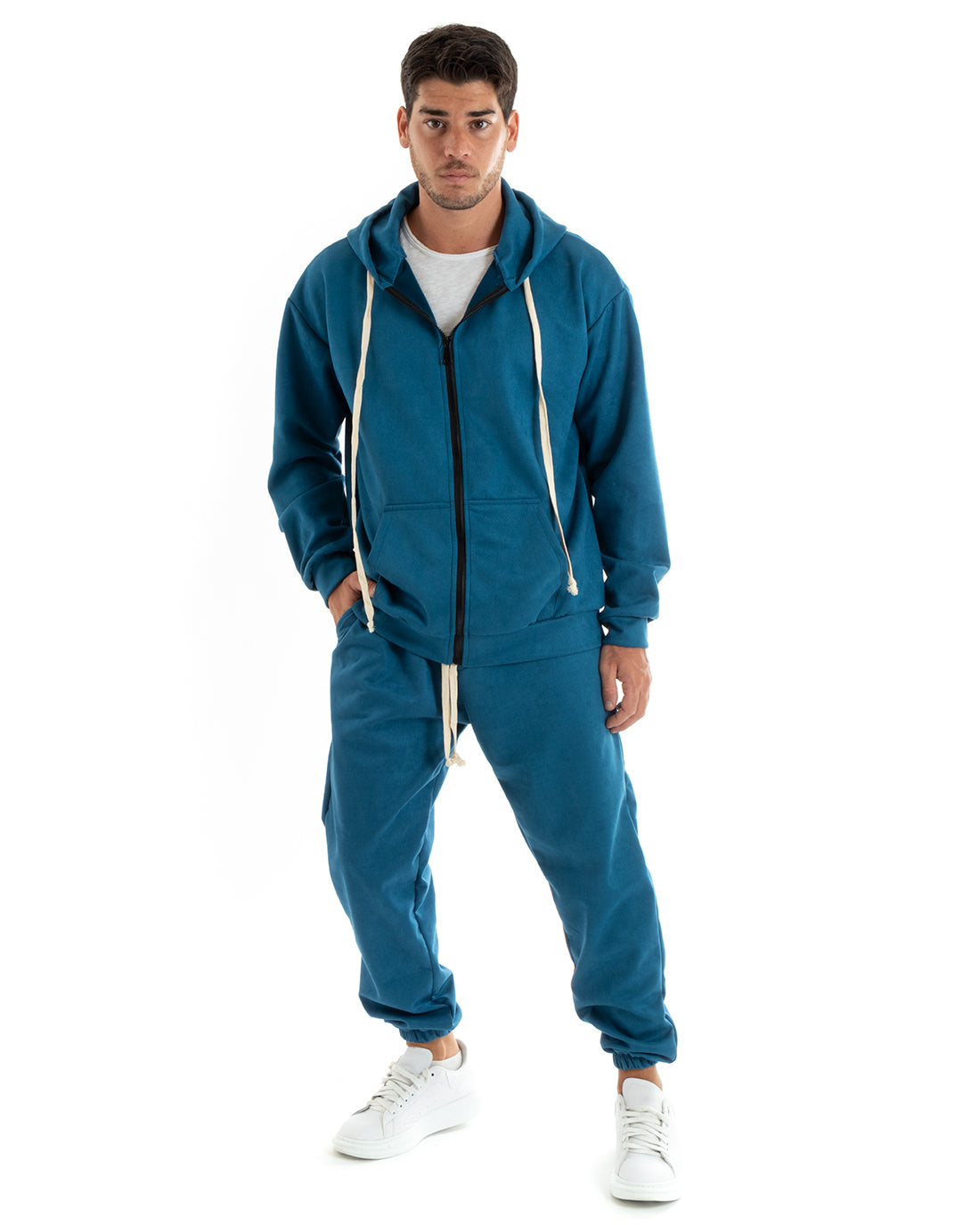 Men's Tracksuit Set, Hooded Sweatshirt and Zip Trousers with Drawstring Waist in Petrol Eco Suede GIOSAL-OU2400A