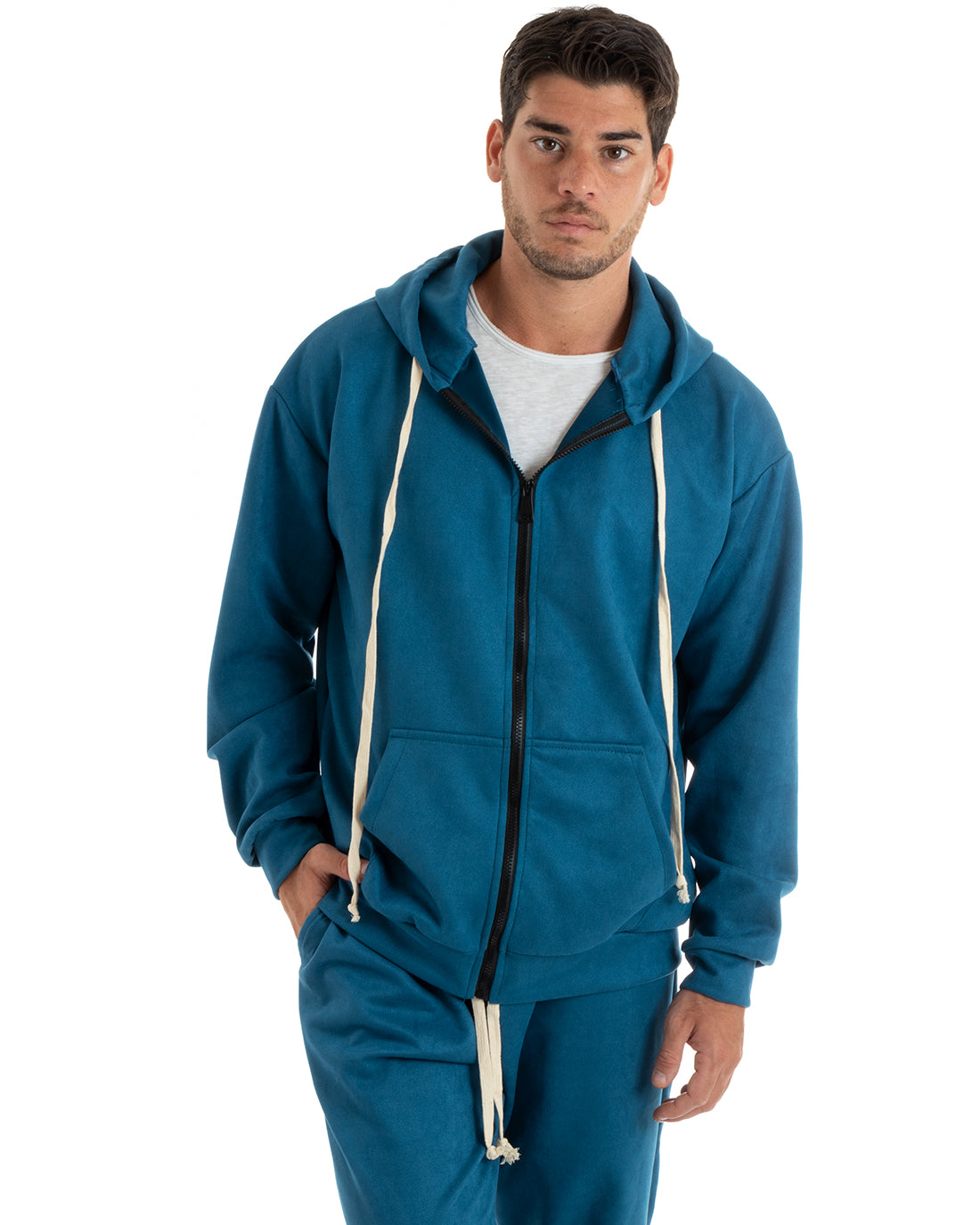 Men's Tracksuit Set, Hooded Sweatshirt and Zip Trousers with Drawstring Waist in Petrol Eco Suede GIOSAL-OU2400A