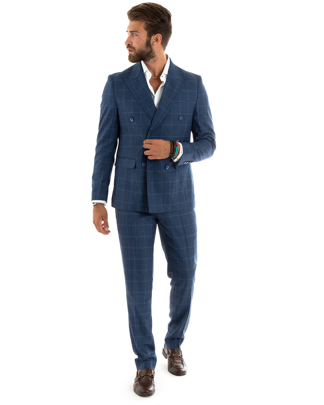 Abito Uomo Doppiopetto Vestito Completo Giacca Pantaloni Blu a Quadri Elegante Casual GIOSAL-OU2402A