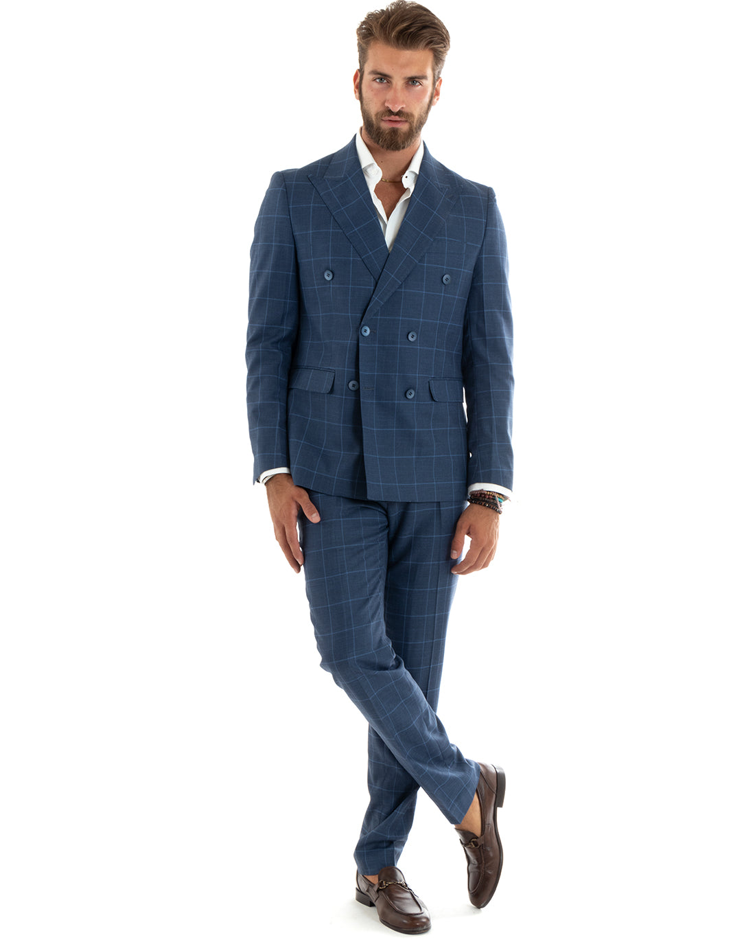 Double-Breasted Men's Suit Suit Jacket Trousers Blue Checked Elegant Casual GIOSAL-OU2402A