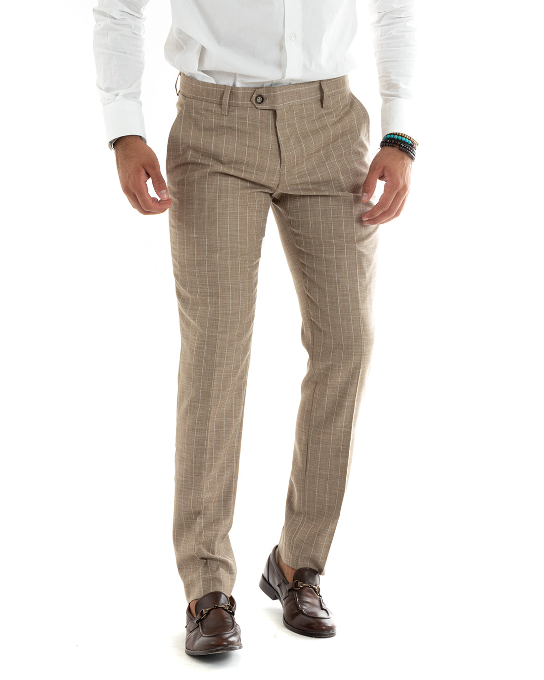 Double-Breasted Men's Suit Suit Jacket Pants Beige Pinstripe Elegant Casual GIOSAL-OU2403A