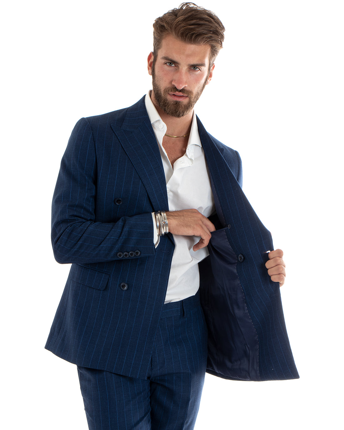 Abito Uomo Doppiopetto Vestito Completo Giacca Pantaloni Blu Gessato Elegante Casual GIOSAL-OU2404A