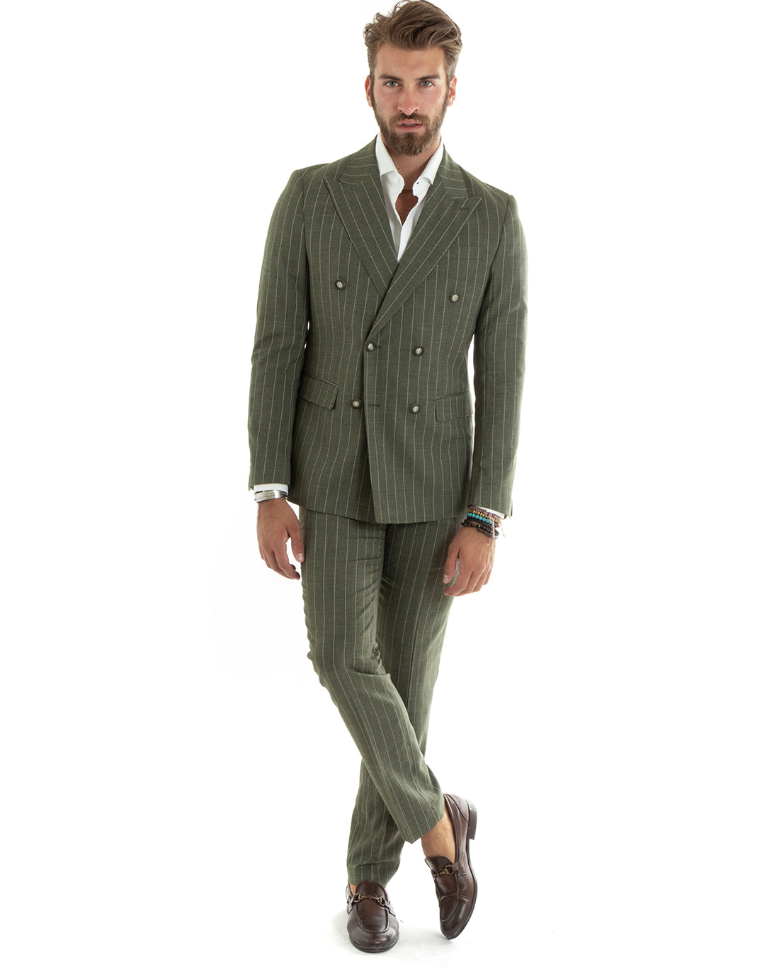 Abito Uomo Doppiopetto Vestito Completo Giacca Pantaloni Verde Gessato Elegante Casual GIOSAL-OU2405A