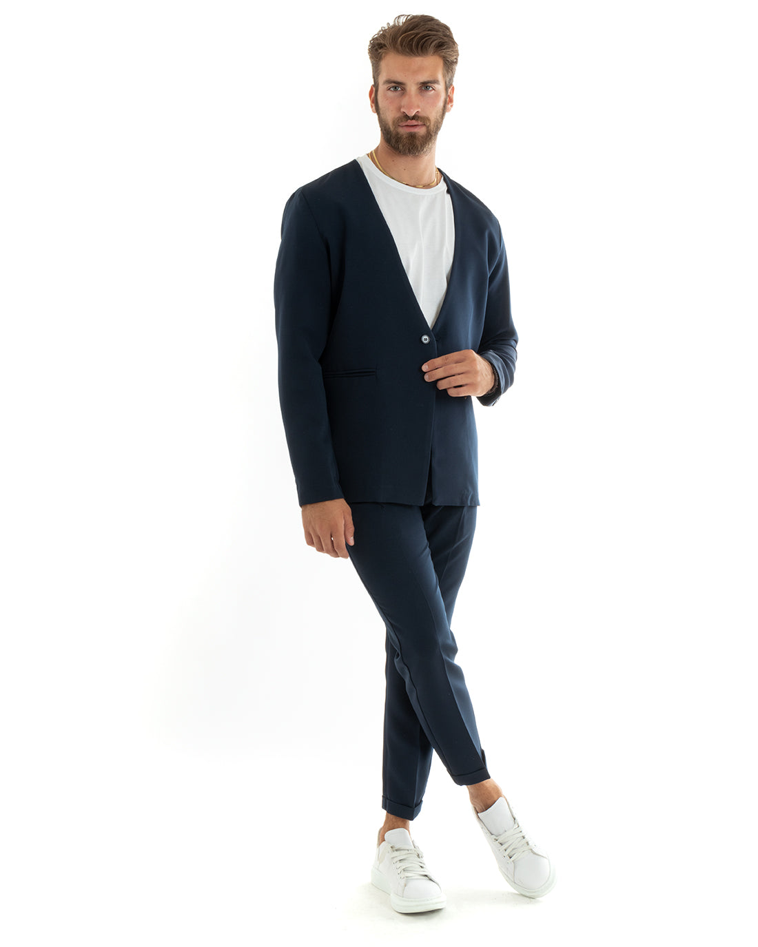 Abito Uomo Monopetto Vestito Viscosa Completo Giacca Pantaloni Blu Elegante Cerimonia GIOSAL-OU2406A