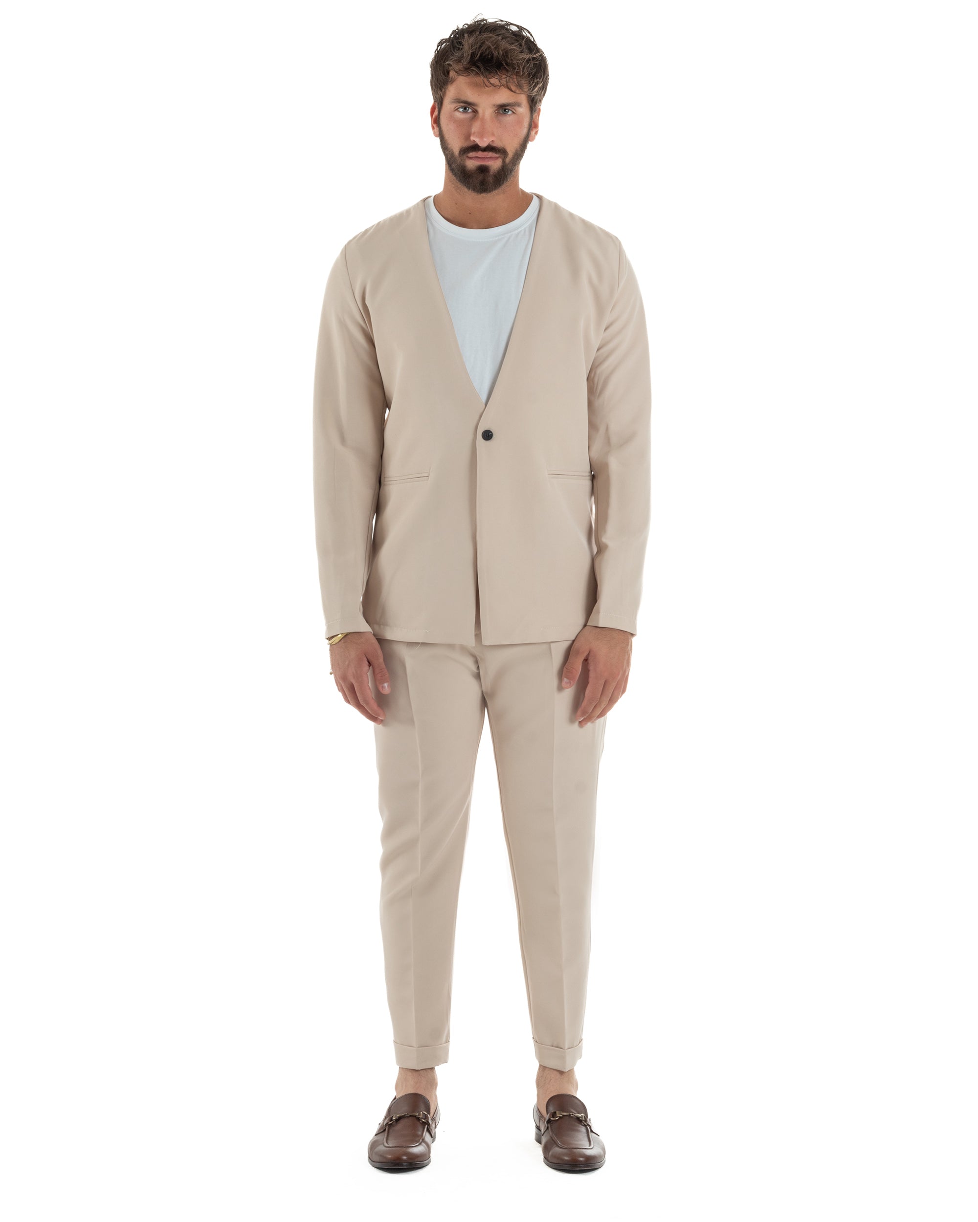 Abito Uomo Monopetto Vestito Viscosa Completo Giacca Pantaloni Beige GIOSAL-OU2409A