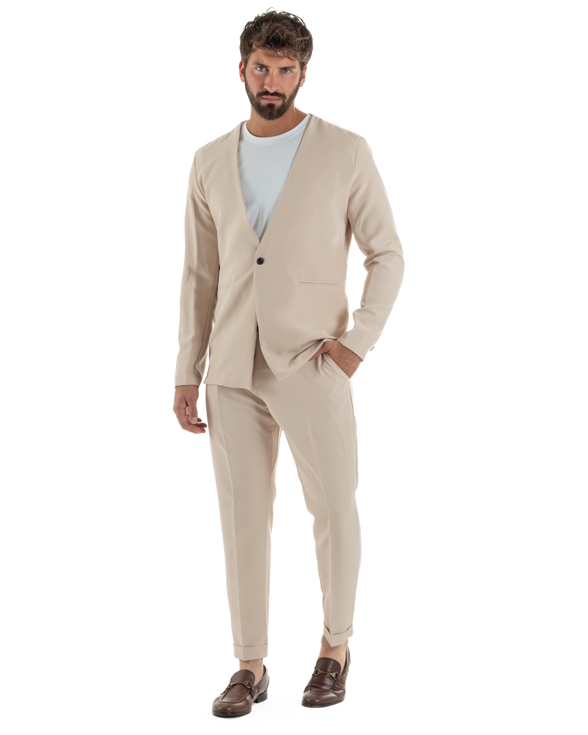 Abito Uomo Monopetto Vestito Viscosa Completo Giacca Pantaloni Beige GIOSAL-OU2409A