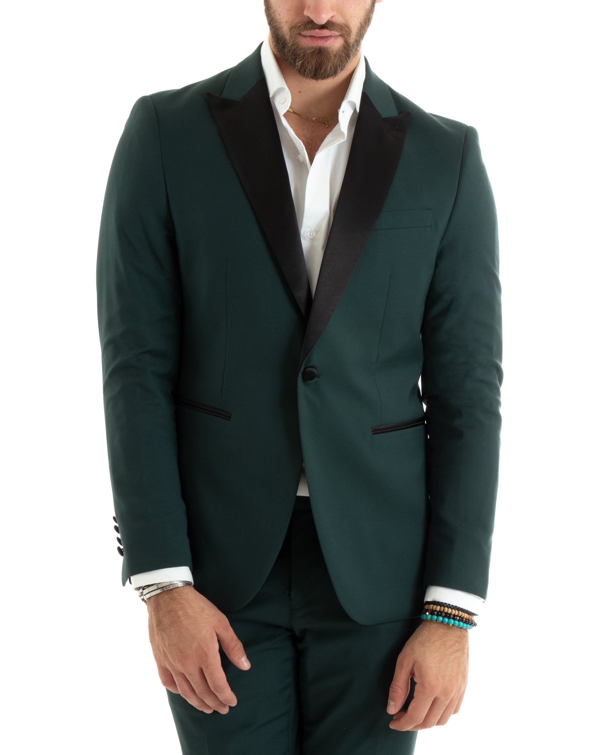 Abito Uomo Monopetto Vestito Smoking Rever Raso Completo Giacca Pantaloni Verde Elegante GIOSAL-OU2424A