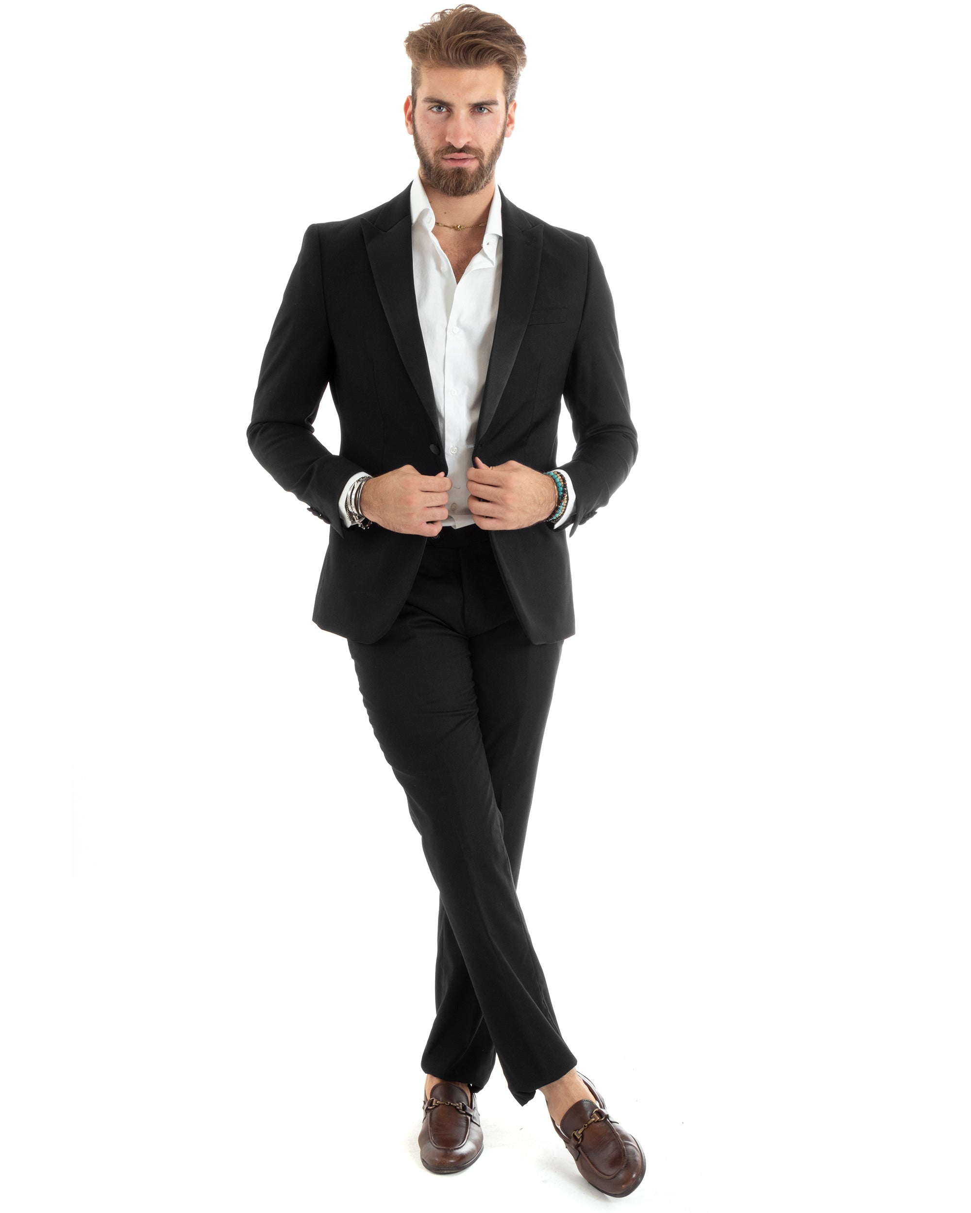 Abito Uomo Monopetto Vestito Smoking Rever Raso Completo Giacca Pantaloni Nero Elegante GIOSAL-OU2426A