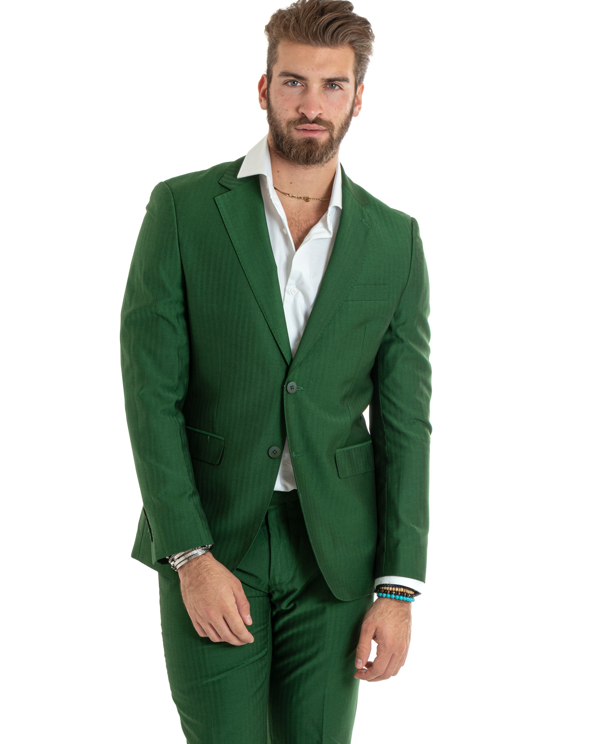 Abito Uomo Monopetto Vestito Gessato Solaro Completo Giacca Pantaloni Verde Elegante Casual GIOSAL-OU2429A