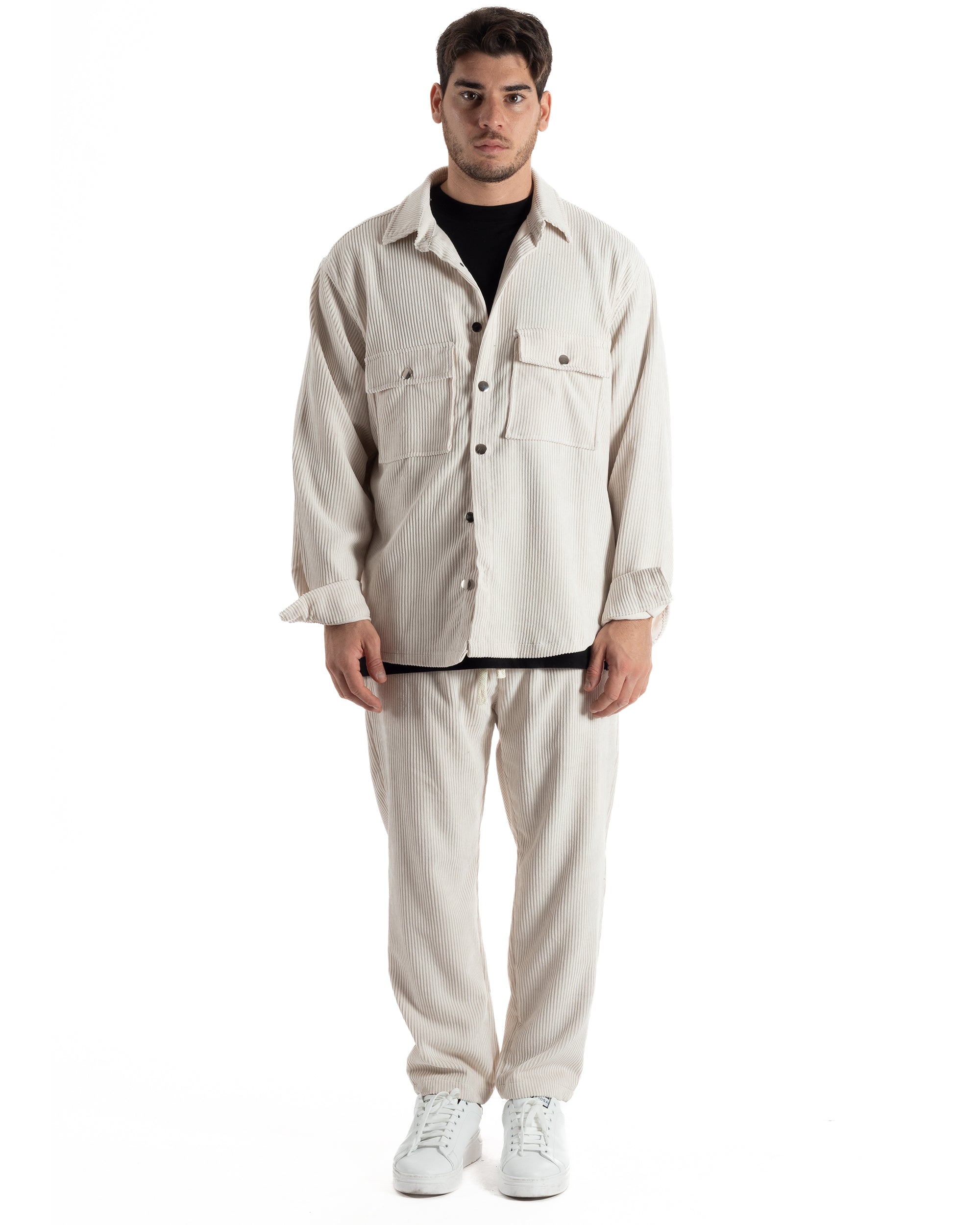 Completo Set Coordinato Uomo Velluto Costine Camicia Con Colletto Pantalaccio Outfit Panna GIOSAL-OU2435A