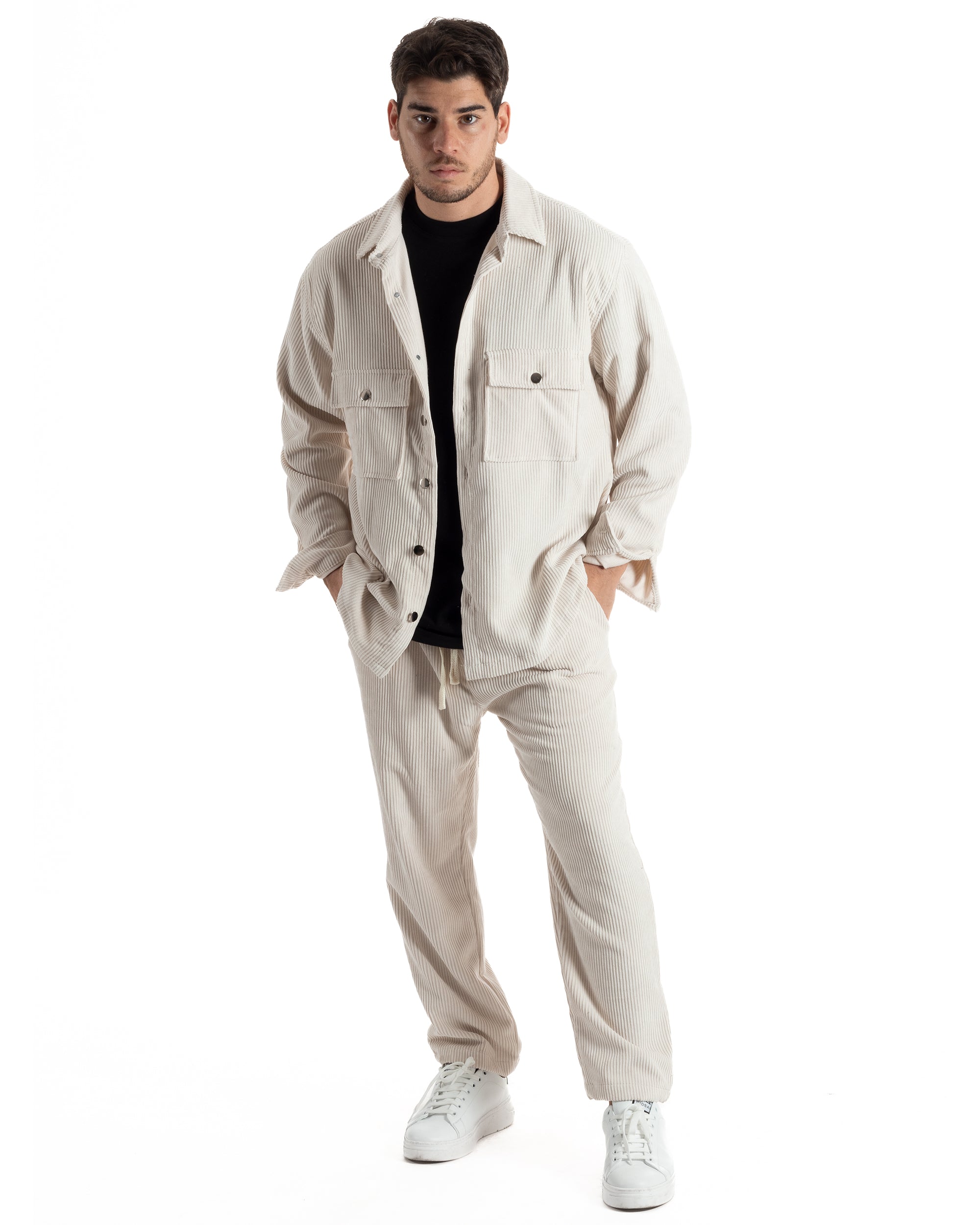 Completo Set Coordinato Uomo Velluto Costine Camicia Con Colletto Pantalaccio Outfit Panna GIOSAL-OU2435A
