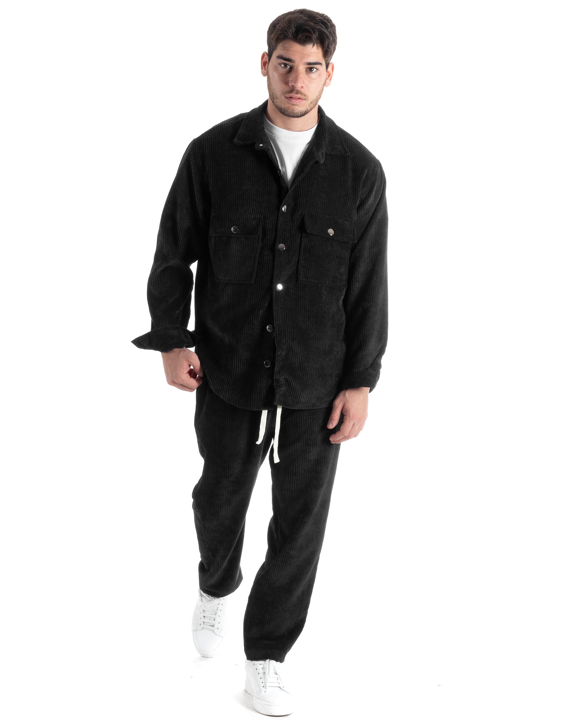 Completo Set Coordinato Uomo Velluto Costine Camicia Con Colletto Pantalaccio Outfit Nero GIOSAL-OU2436A