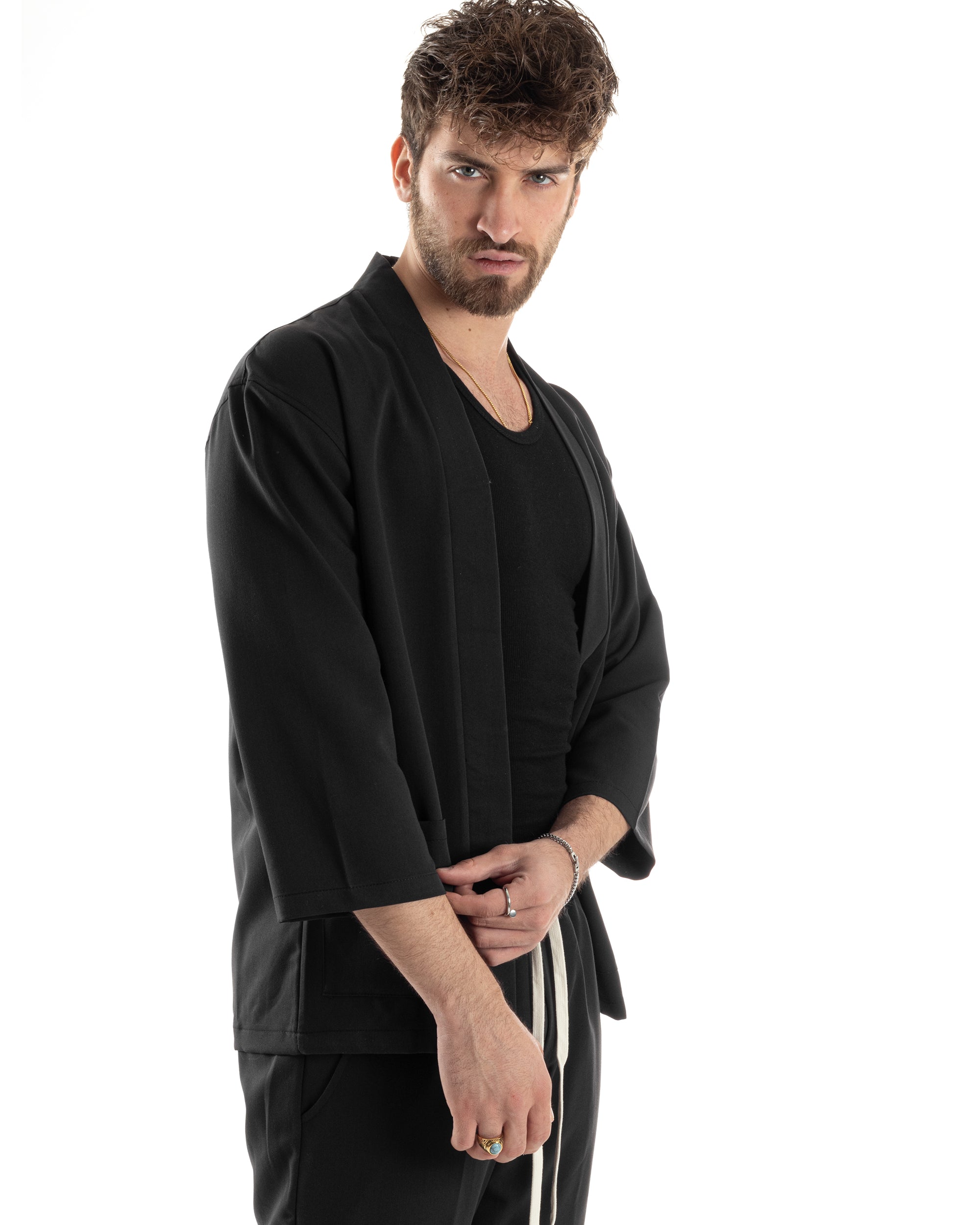 Completo Set Coordinato Uomo Viscosa Giacca Kimono Pantaloni Nero Casual Elegante GIOSAL-OU2445A