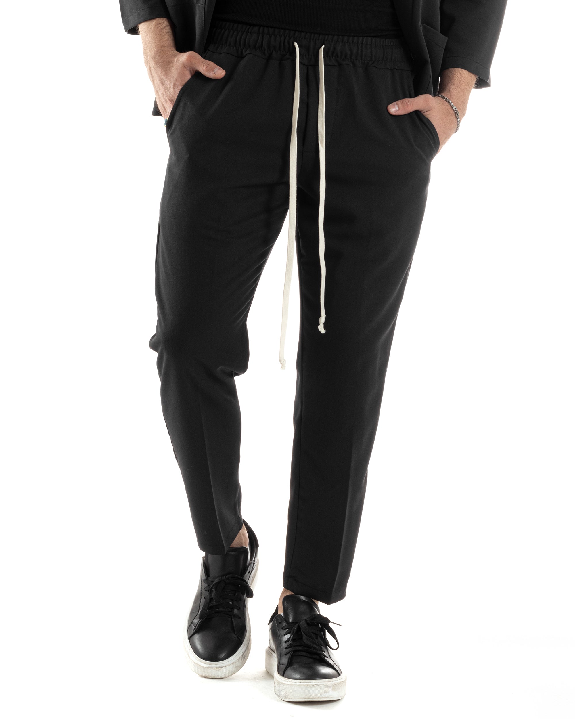 Completo Set Coordinato Uomo Viscosa Giacca Kimono Pantaloni Nero Casual Elegante GIOSAL-OU2445A