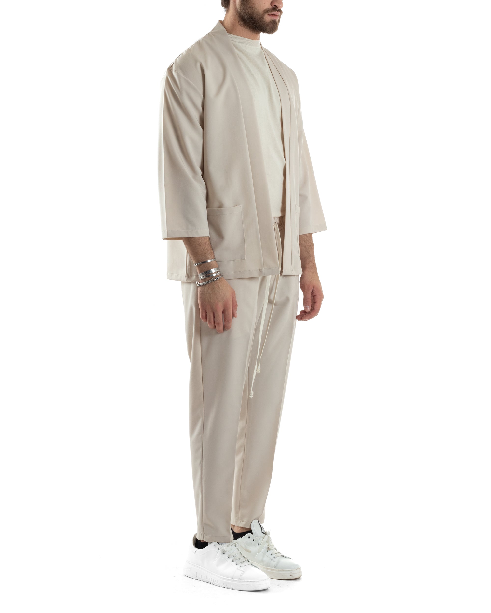 Completo Set Coordinato Uomo Viscosa Giacca Kimono Pantaloni Beige Casual Elegante GIOSAL-OU2446A