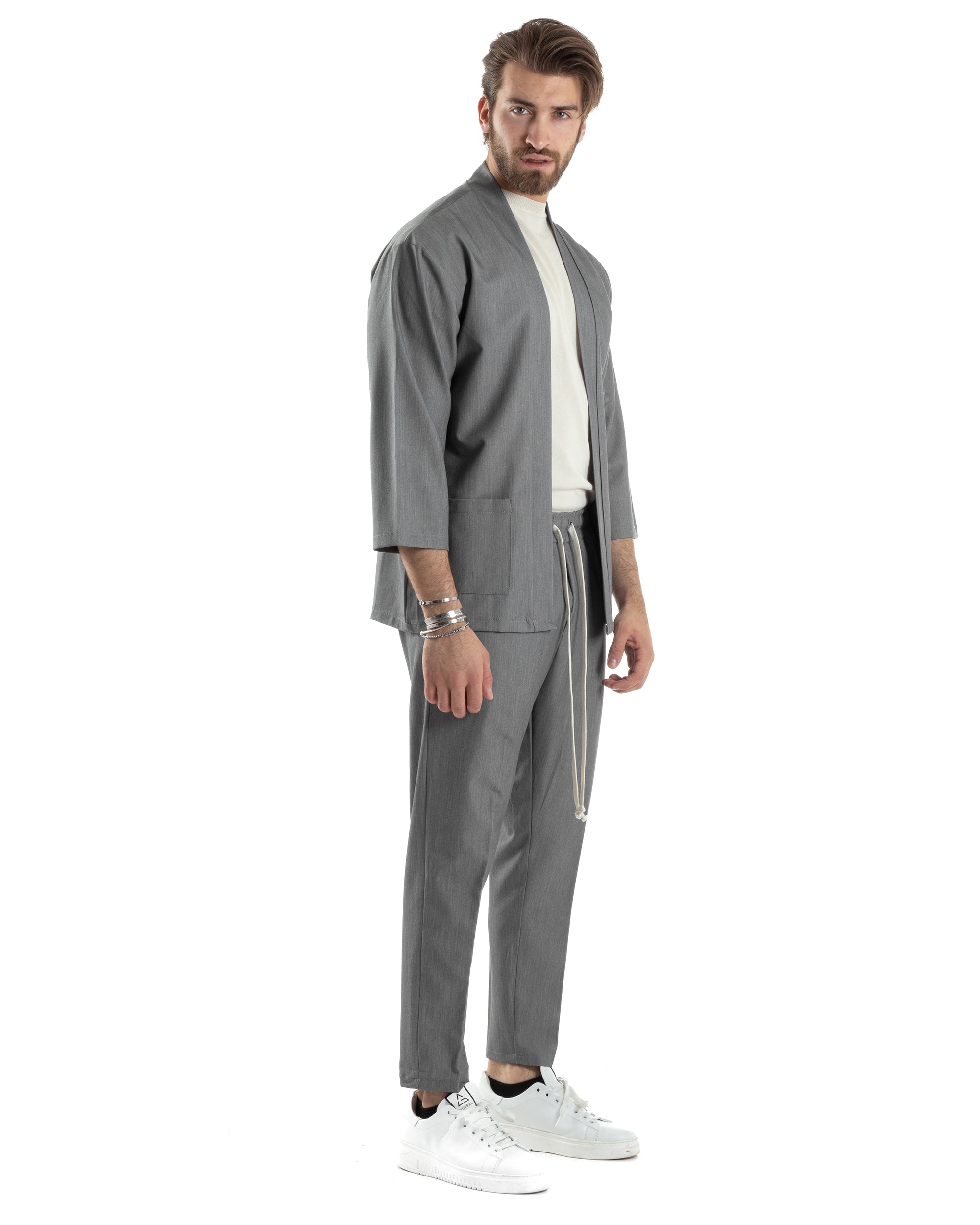 Completo Set Coordinato Uomo Viscosa Giacca Kimono Pantaloni Grigio Casual Elegante GIOSAL-OU2447A