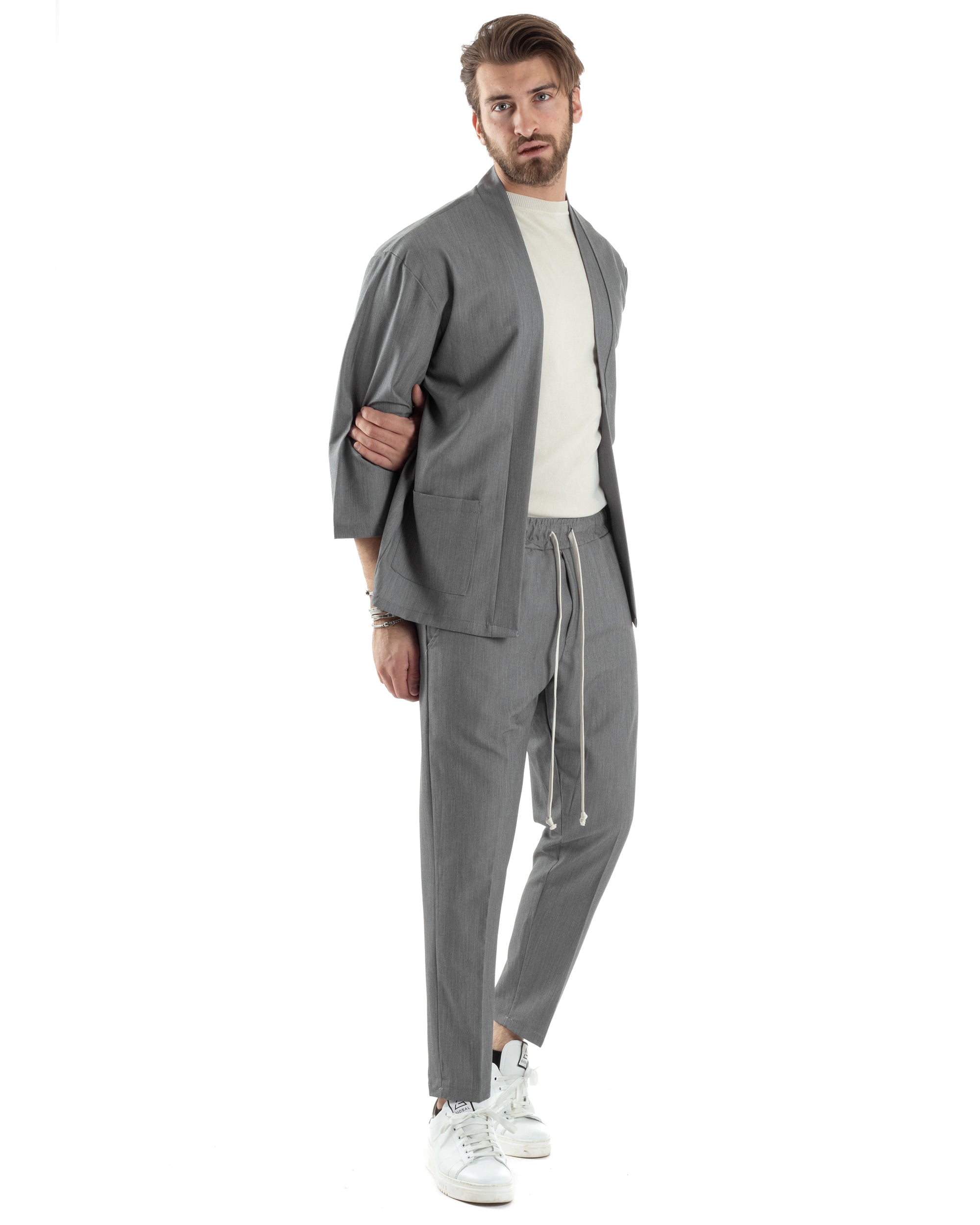 Completo Set Coordinato Uomo Viscosa Giacca Kimono Pantaloni Grigio Casual Elegante GIOSAL-OU2447A