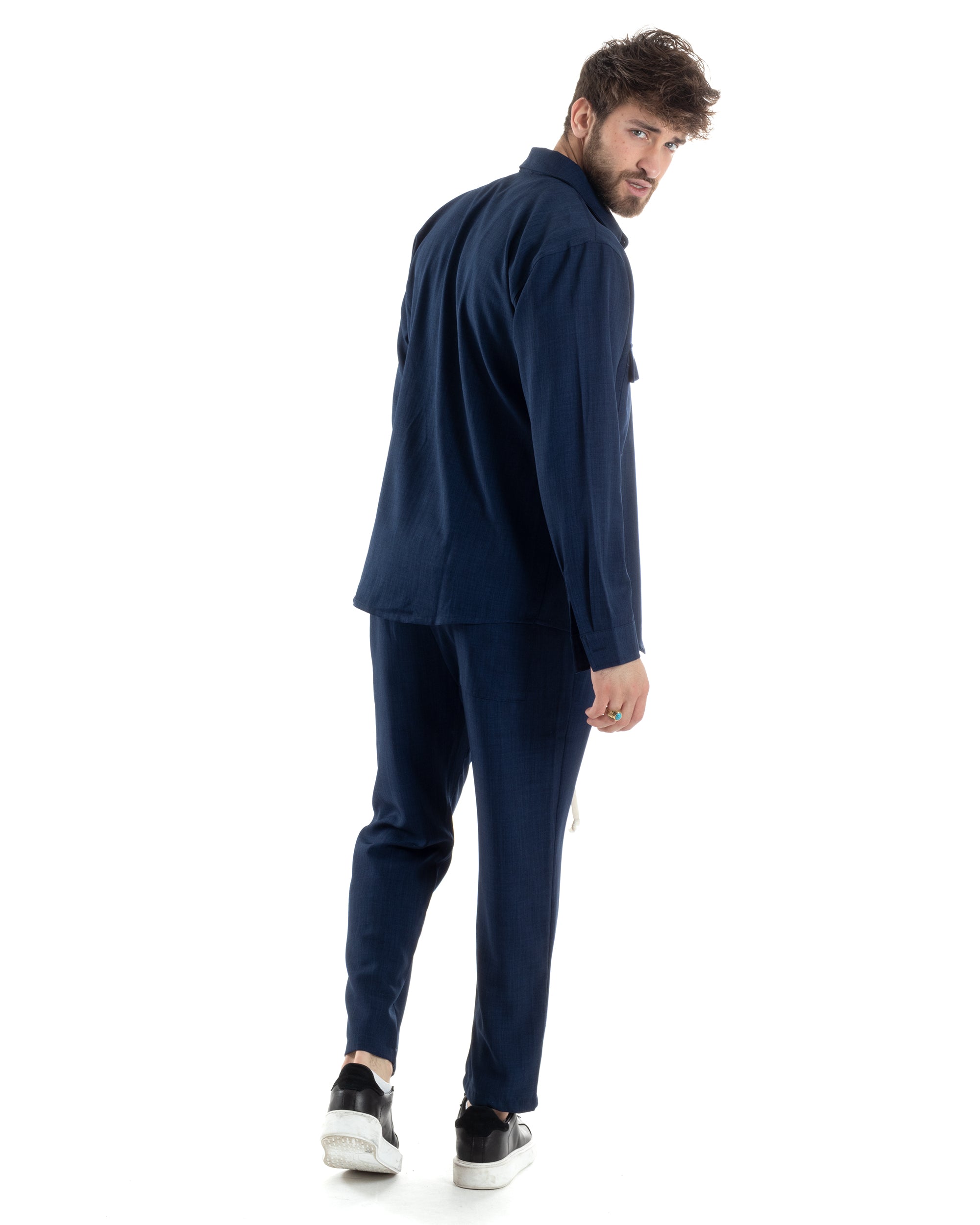 Completo Set Coordinato Uomo Viscosa Camicia Pantaloni Jogger Outfit Melangiato Blu GIOSAL-OU2451A