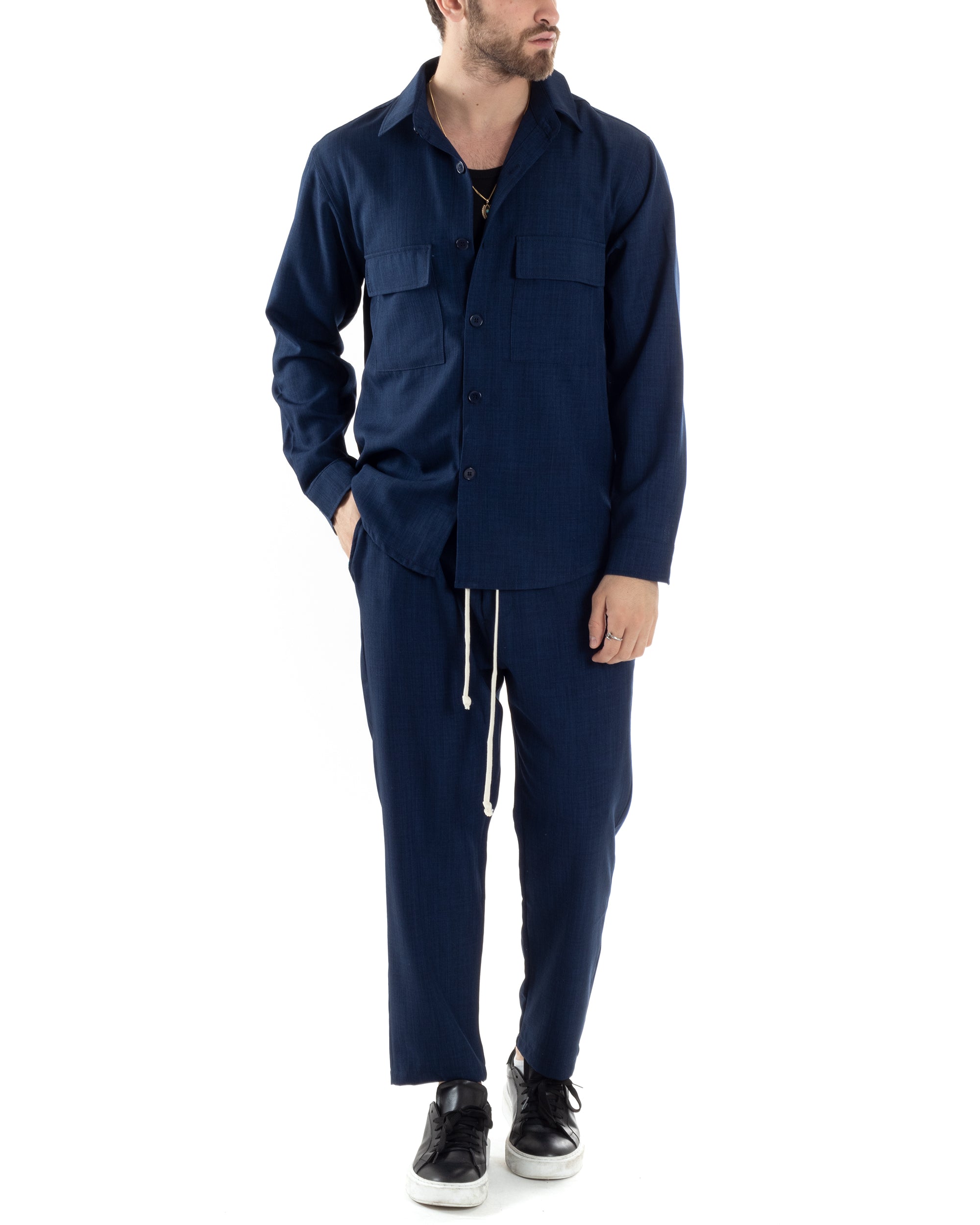 Completo Set Coordinato Uomo Viscosa Camicia Pantaloni Jogger Outfit Melangiato Blu GIOSAL-OU2451A
