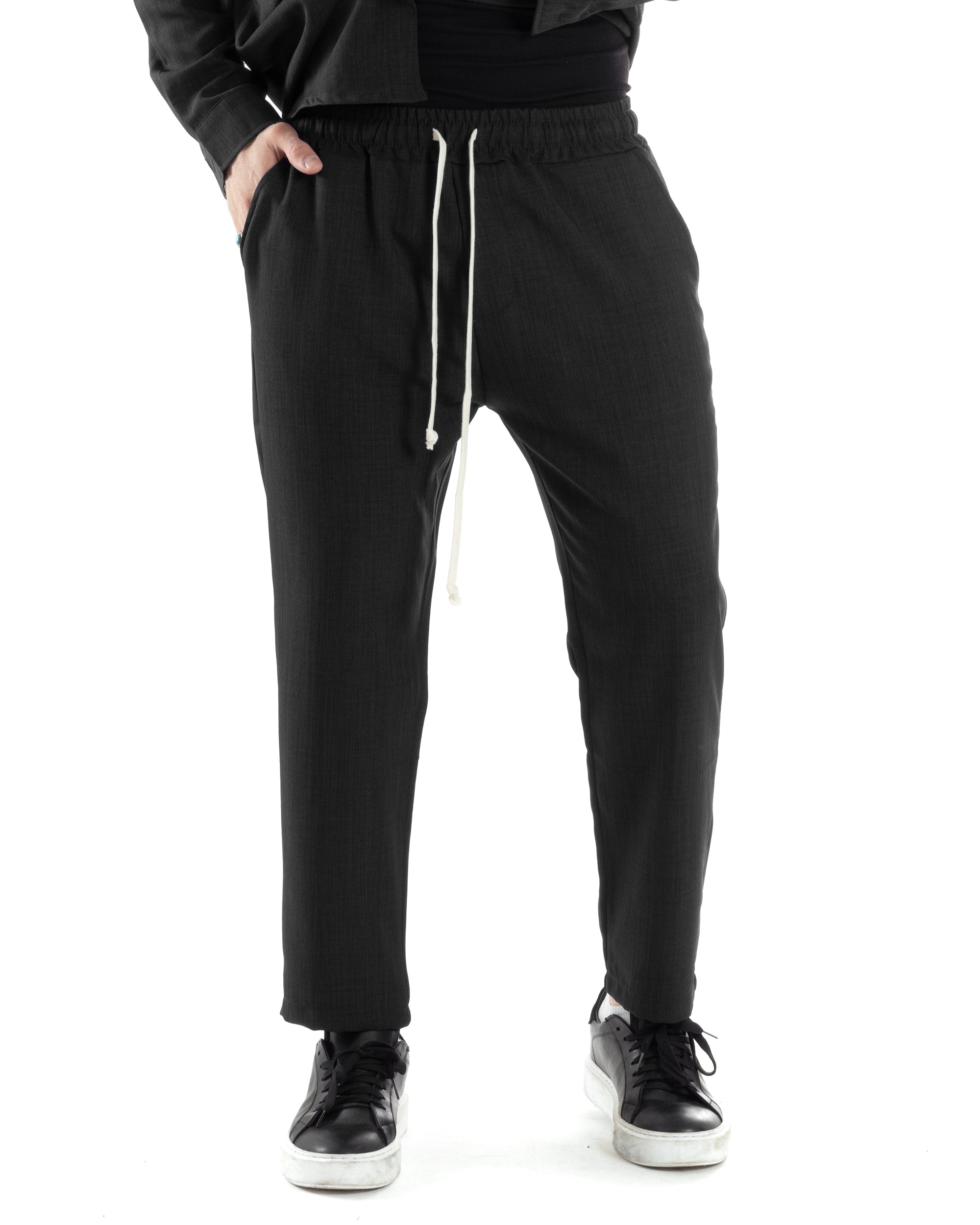 Completo Set Coordinato Uomo Viscosa Camicia Pantaloni Jogger Outfit Melangiato Nero GIOSAL-OU2452A