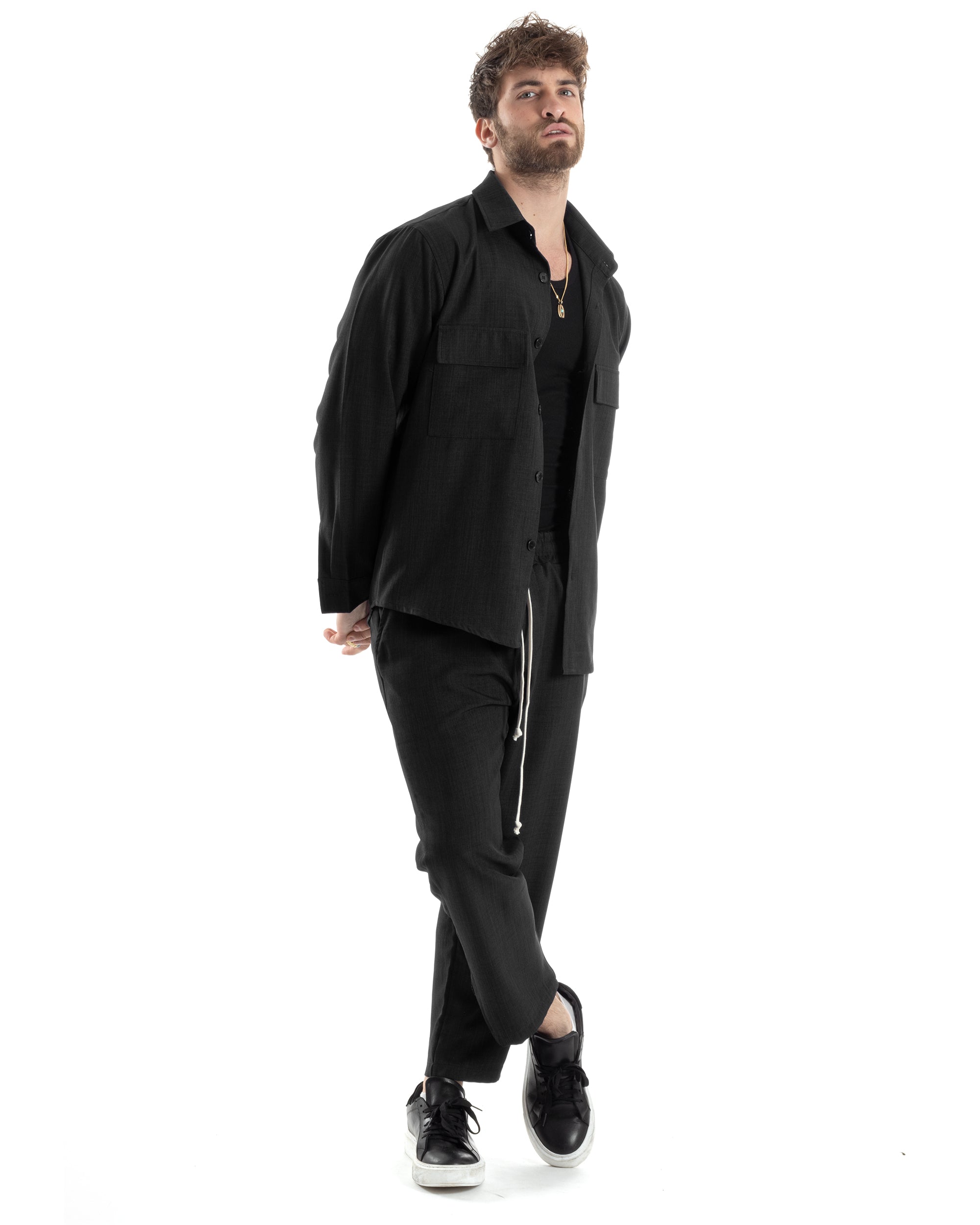 Completo Set Coordinato Uomo Viscosa Camicia Pantaloni Jogger Outfit Melangiato Nero GIOSAL-OU2452A