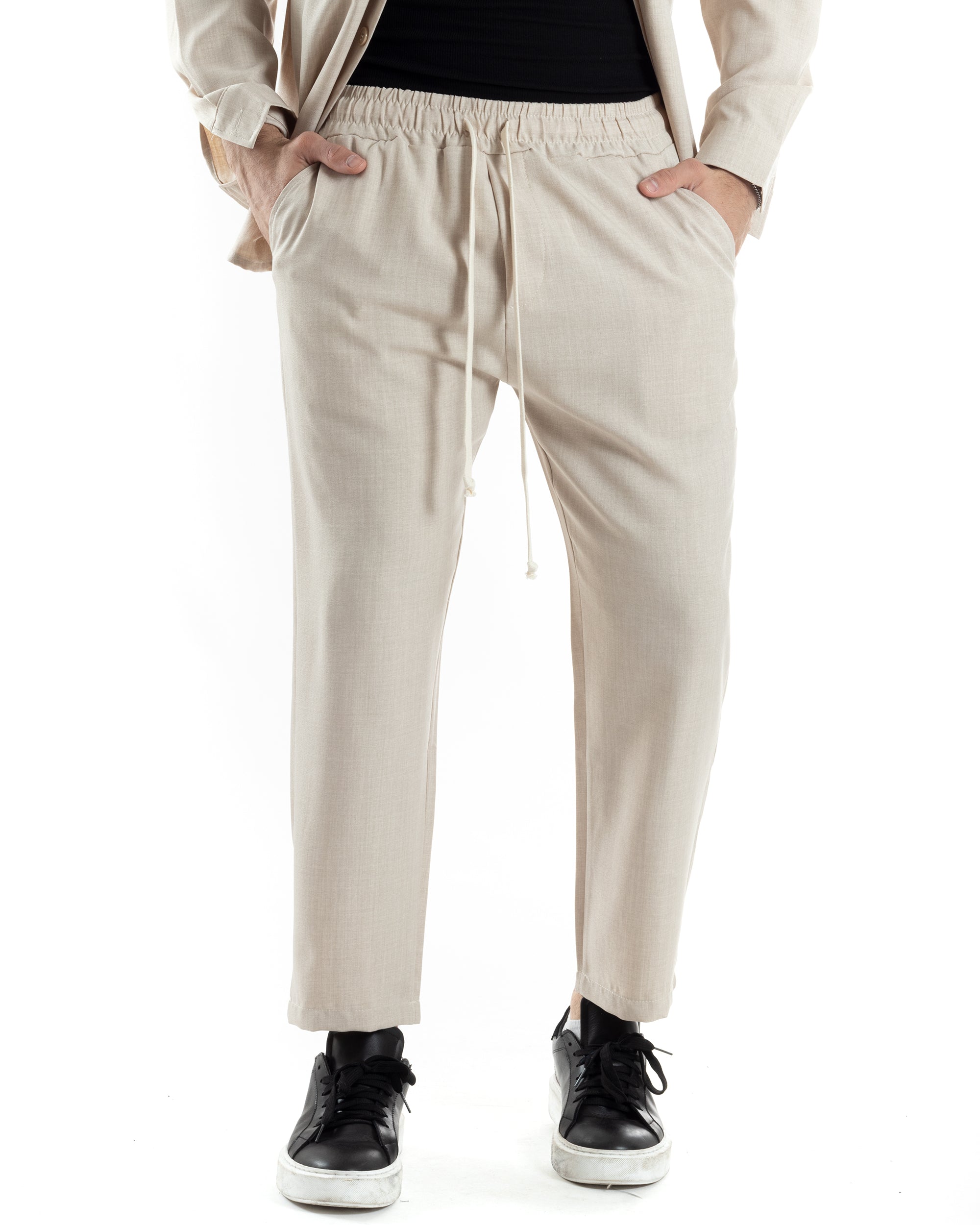 Completo Set Coordinato Uomo Viscosa Camicia Pantaloni Jogger Outfit Melangiato Beige GIOSAL-OU2453A