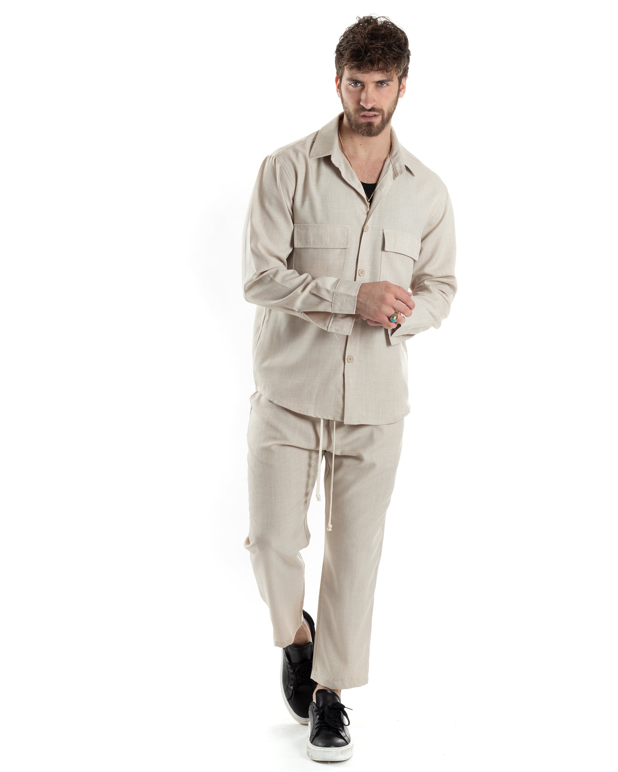 Completo Set Coordinato Uomo Viscosa Camicia Pantaloni Jogger Outfit Melangiato Beige GIOSAL-OU2453A