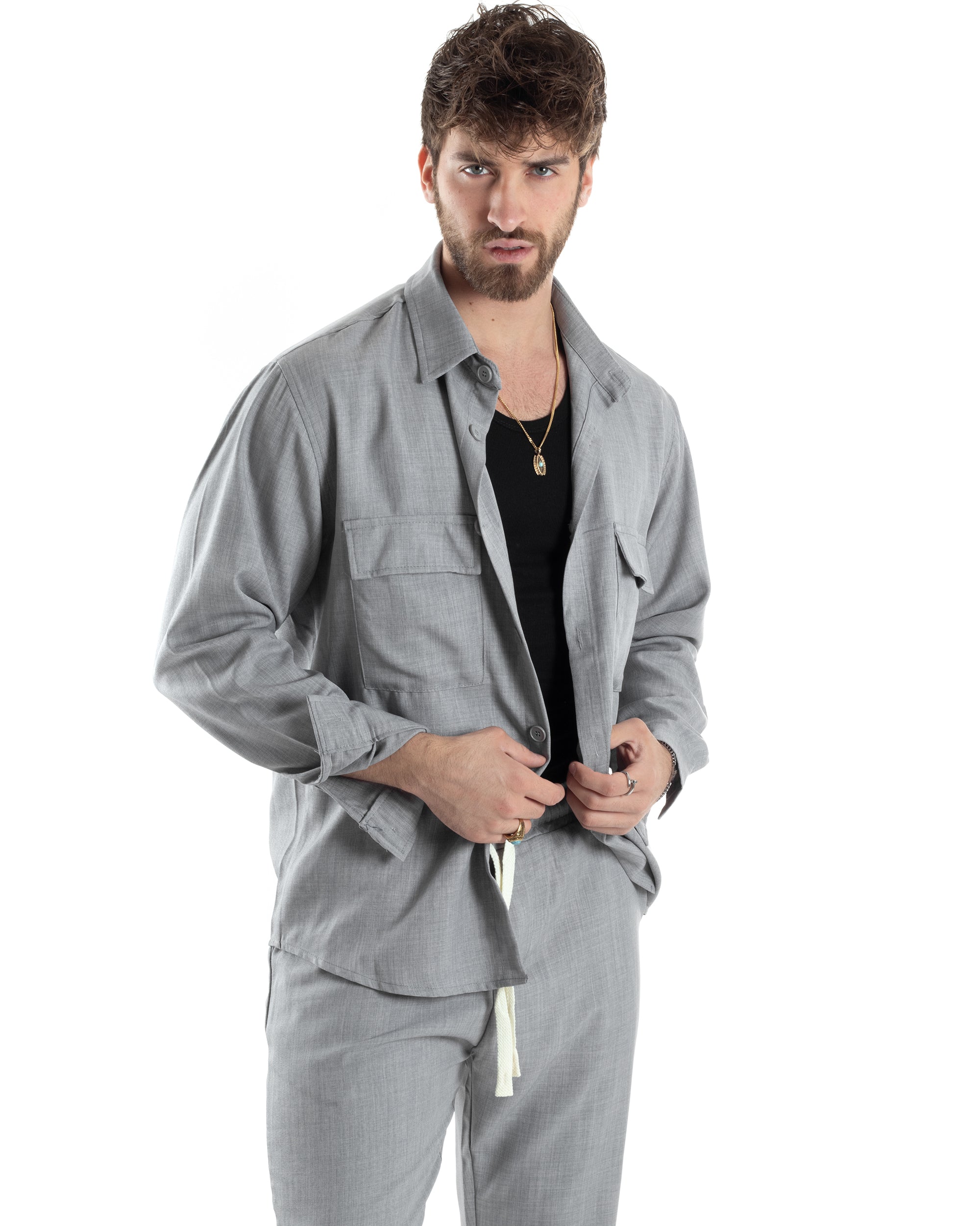 Completo Set Coordinato Uomo Viscosa Camicia Pantaloni Jogger Outfit Melangiato Grigio GIOSAL-OU2454A