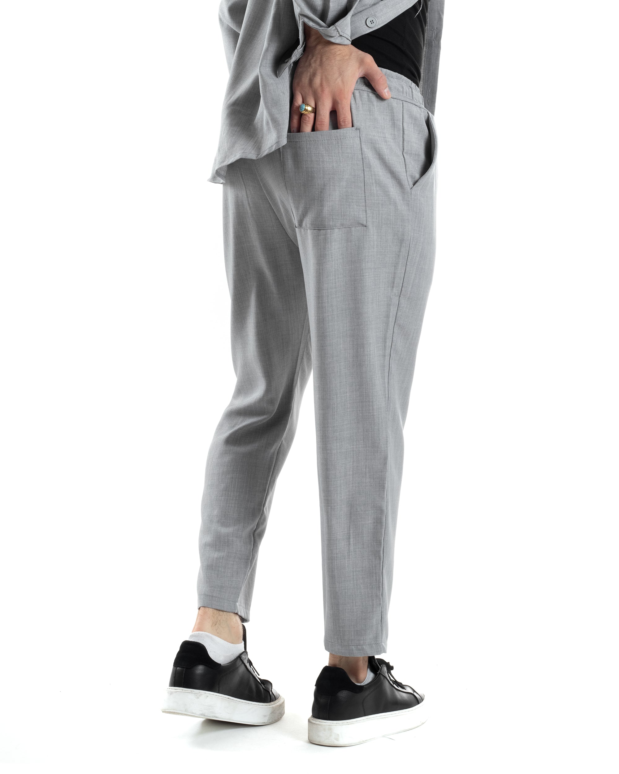 Completo Set Coordinato Uomo Viscosa Camicia Pantaloni Jogger Outfit Melangiato Grigio GIOSAL-OU2454A